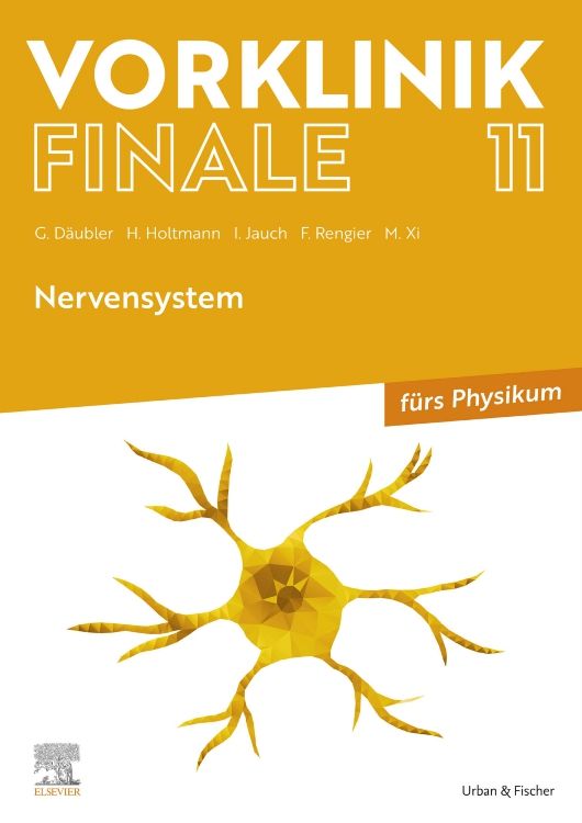 Buchcover: Vorklinik Finale 11. Titel, Autoren, Nervensystem. Gelber Hintergrund mit Nervenzelle. Verlag Urban & Fischer.