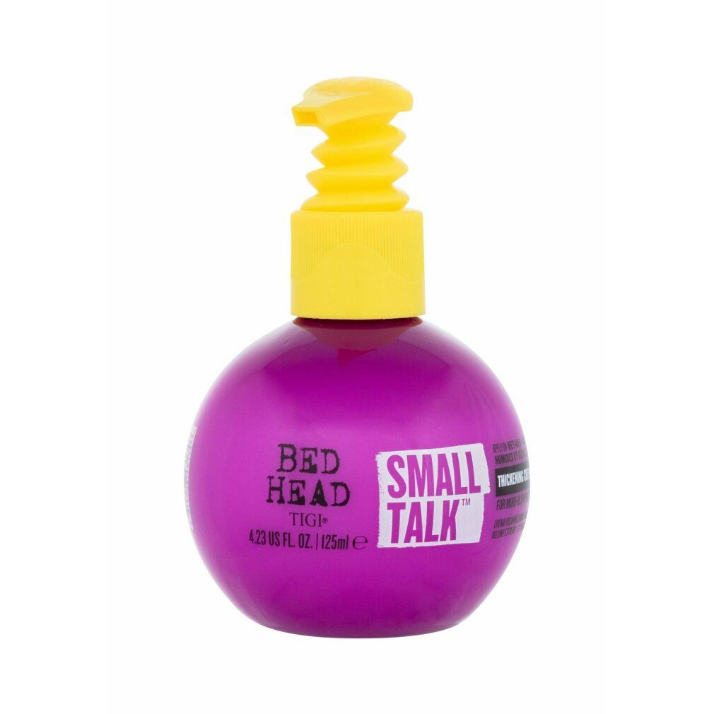 Runde, lila Flasche mit gelbem Pumpkopf. Aufschrift: BED HEAD, SMALL TALK, TIGI. Volumen: 4.23 US FL. OZ. / 125ml.