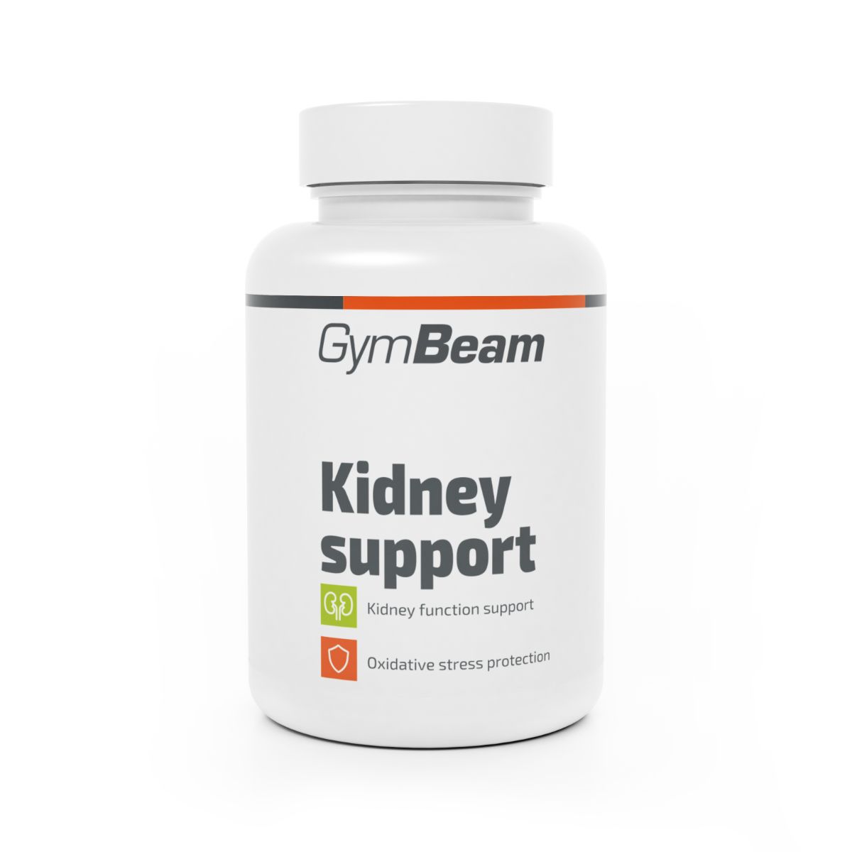 GymBeam Kidney Support Kapselbehälter mit Etikett, das Nierenfunktion und antioxidativen Schutz hervorhebt.