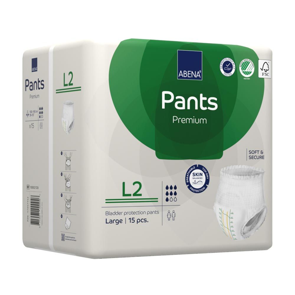 Abena Pants Premium L2 Packung. Grün-weißes Design mit Produktabbildung und Bezeichnung. FSC-Zertifizierung. 'Skin protection' und 'Soft & Secure'.