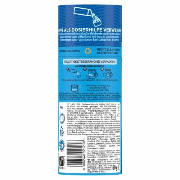 Rückseite einer Lenor Waschmittelverpackung. Text in mehreren Sprachen. Recycling- und Feuchtigkeitsbeständig-Symbole.