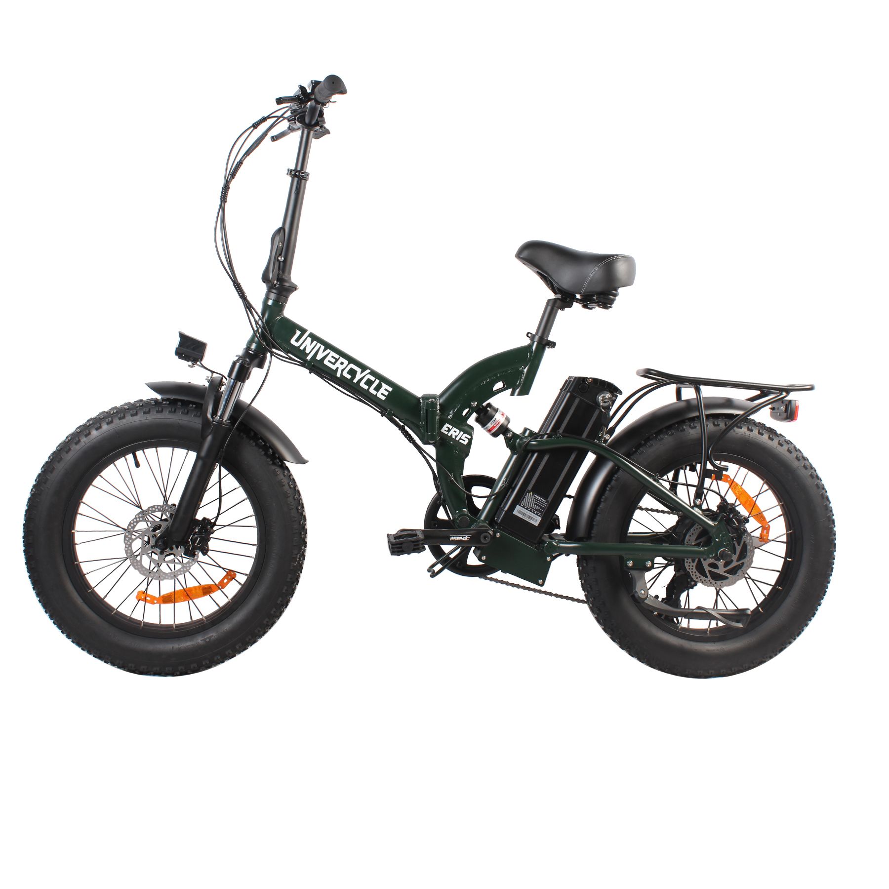 Grünes E-Bike mit breiten Reifen, Gepäckträger und Akku. Marke Univercycle.