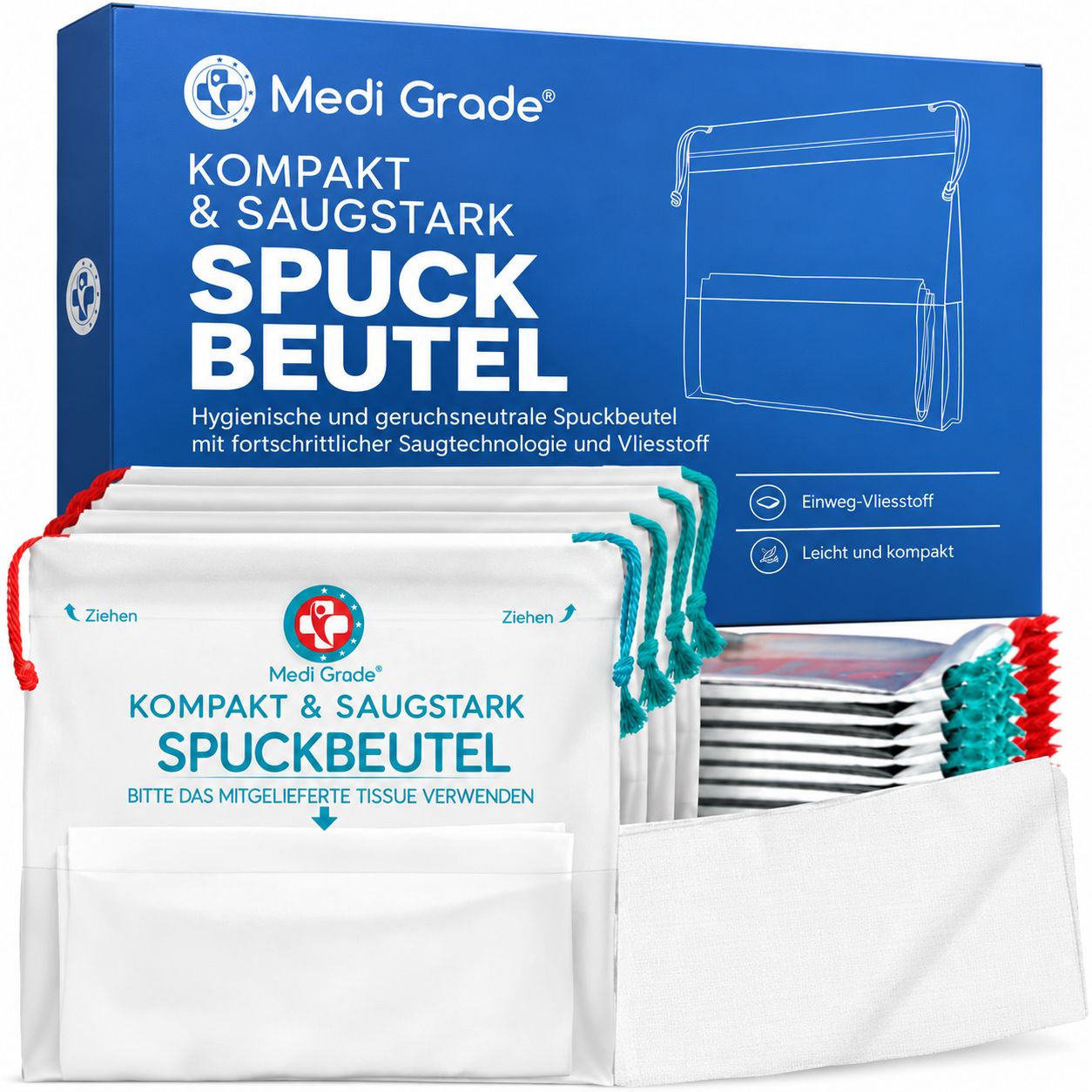 Mann hält einen weißen Beutel 'Vomit Bag' vor sein Gesicht, mit Text über Übelkeit.