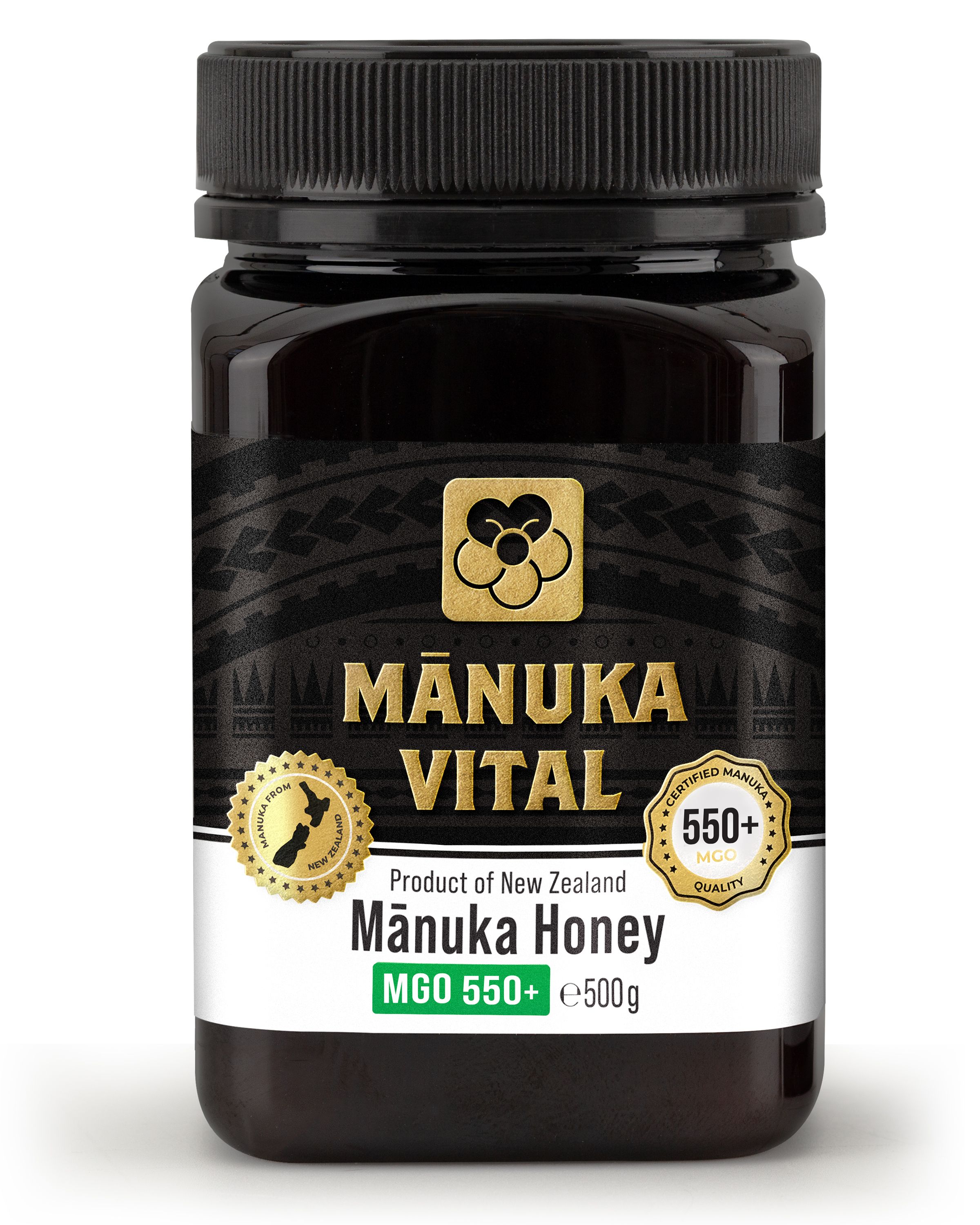 Schwarzes Glas mit MANUKA VITAL Manuka Honig MGO 550+. Goldene Etiketten mit Produktinformationen und Zertifizierungen.