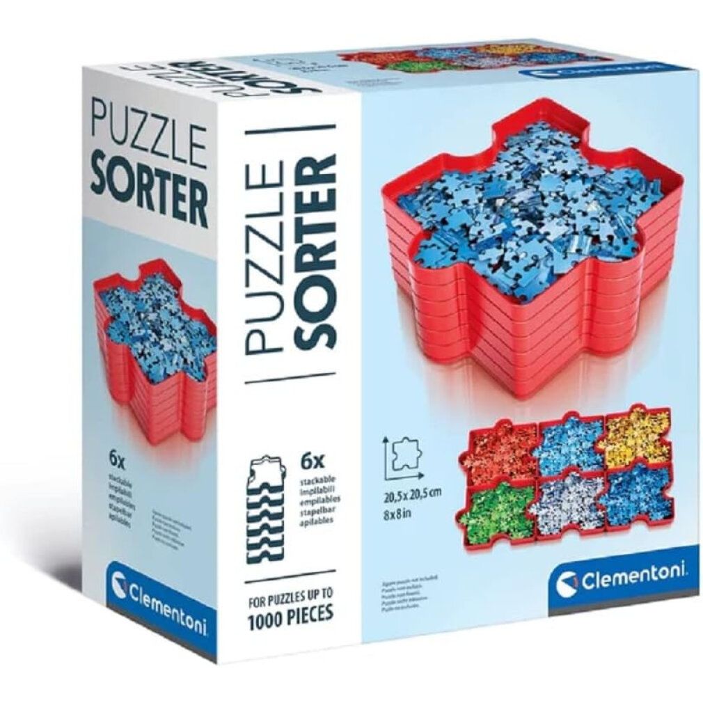 Puzzle-Sortierbox mit rotem Stern-Tablett, gefüllt mit blauen Puzzleteilen. Verpackung mit Produktnamen und Abbildungen.
