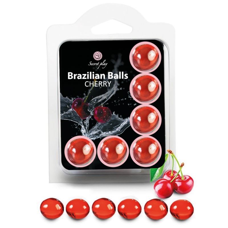 Verpackung mit 8 roten Kugeln, Kirsch-Design. "Secret Play Brazilian Balls Cherry" aufgedruckt.