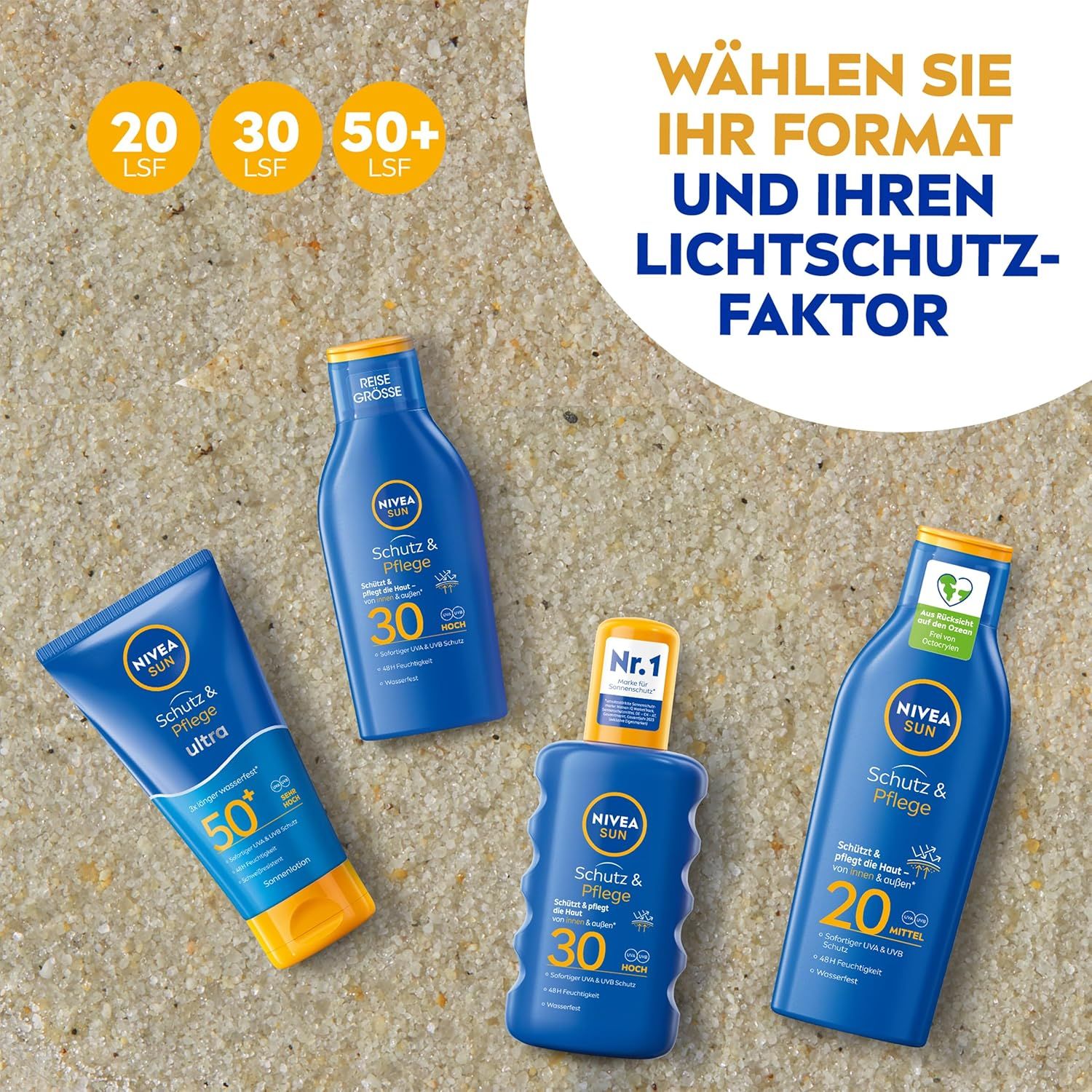 Verschiedene Sonnencremes. Tube: NIVEA SUN Schutz & Pflege ultra, LSF 50+. Flaschen: LSF 20, 30, 50+.  Text: Wählen Sie Ihr Format.