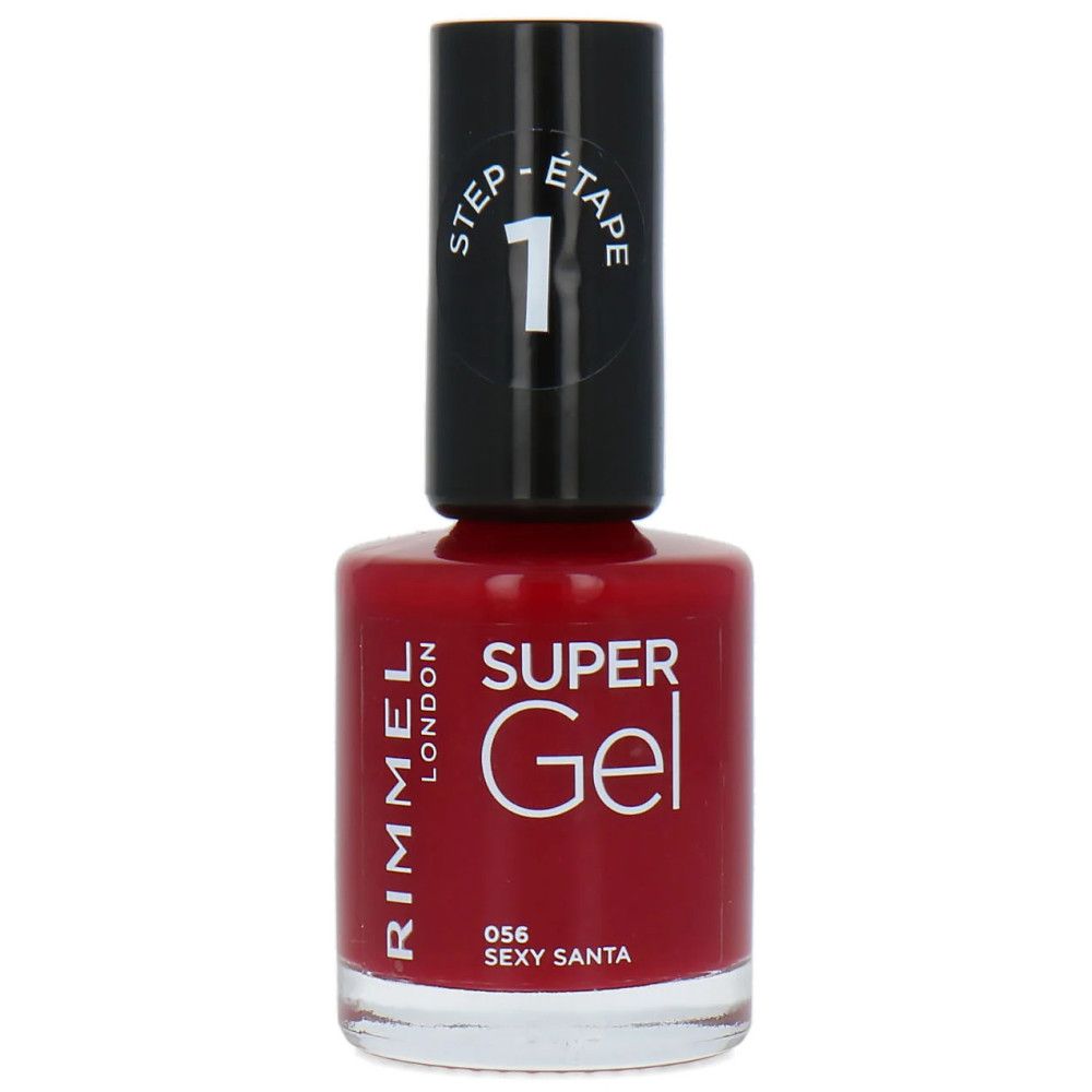 Rote Nagellackflasche mit schwarzem Deckel. Aufschrift "SUPER Gel" und "056 SEXY SANTA". Deckel mit "STEP 1".