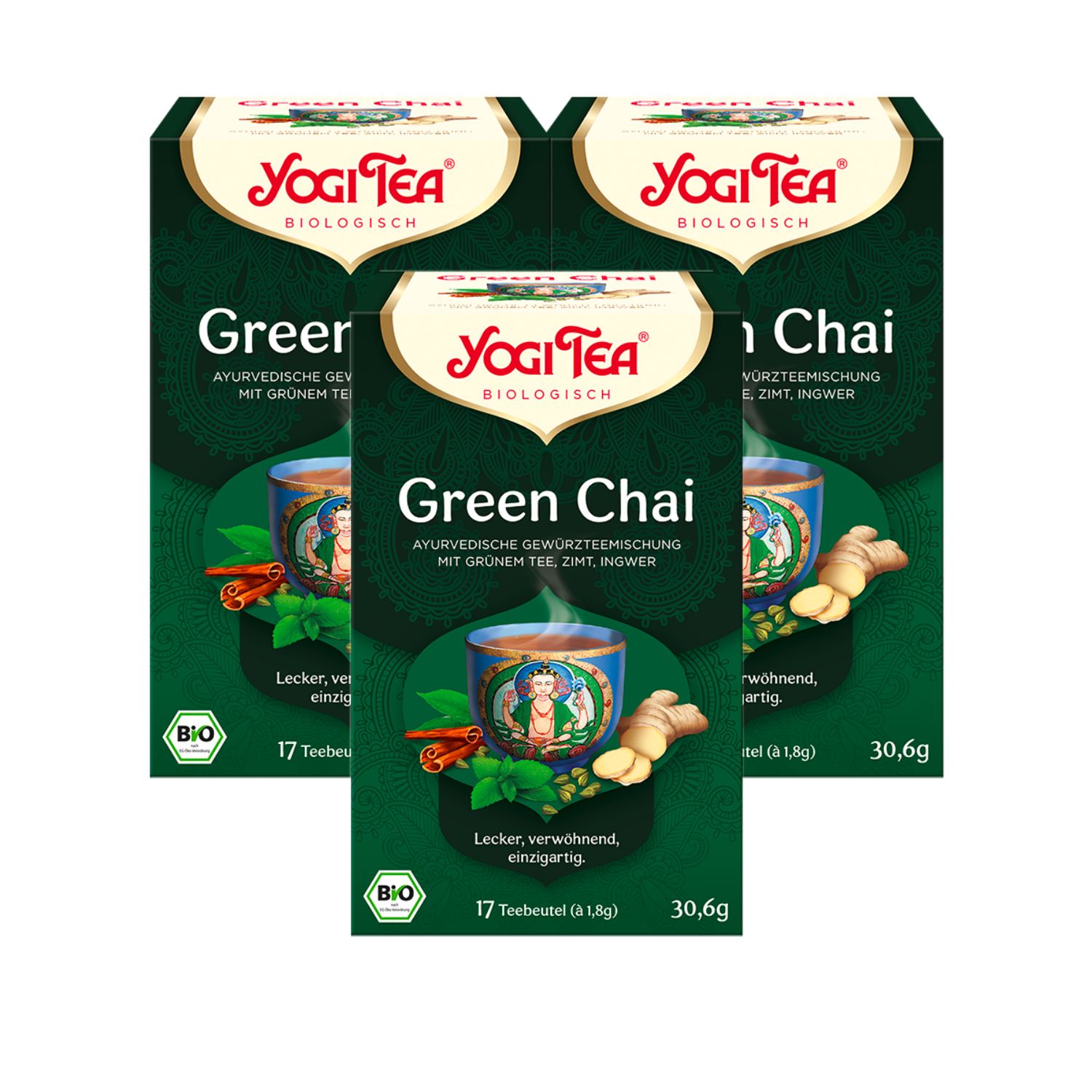 Drei grüne Yogi Tea-Verpackungen. Aufschrift: Green Chai, ayurvedische Gewürzteemischung. Bio-Siegel.