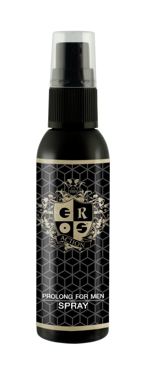 Schwarze Sprühflasche mit Aufschrift EROS ACTION und PROLONG FOR MEN SPRAY. Mit schwarzem Sprühkopf und transparenter Kappe.