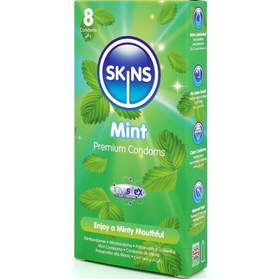 Verpackung von Skins Mint Kondomen. Grün mit Blättern und Produktnamen. Enthält 8 Kondome.