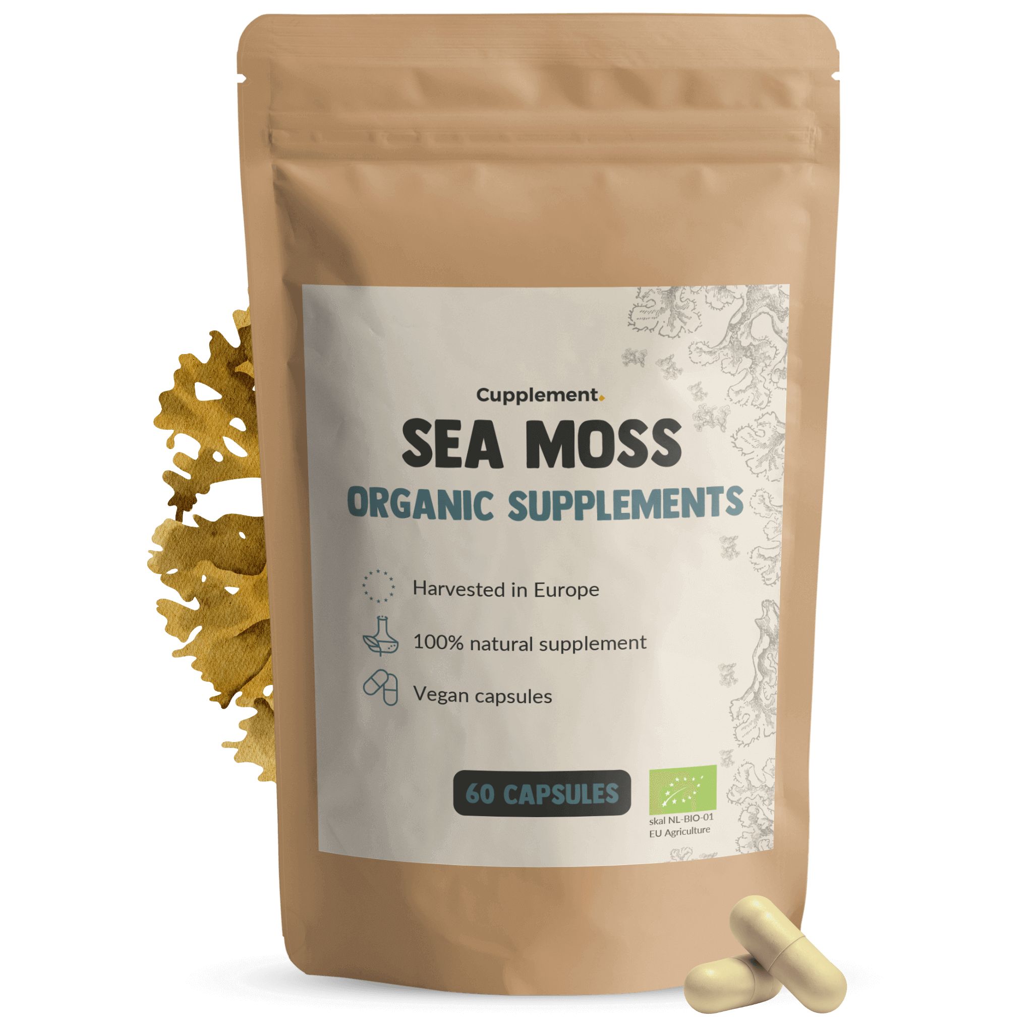Beutel mit Sea Moss Kapseln. Aufschrift: Sea Moss Organic Supplements. 60 Kapseln. Vegan.
