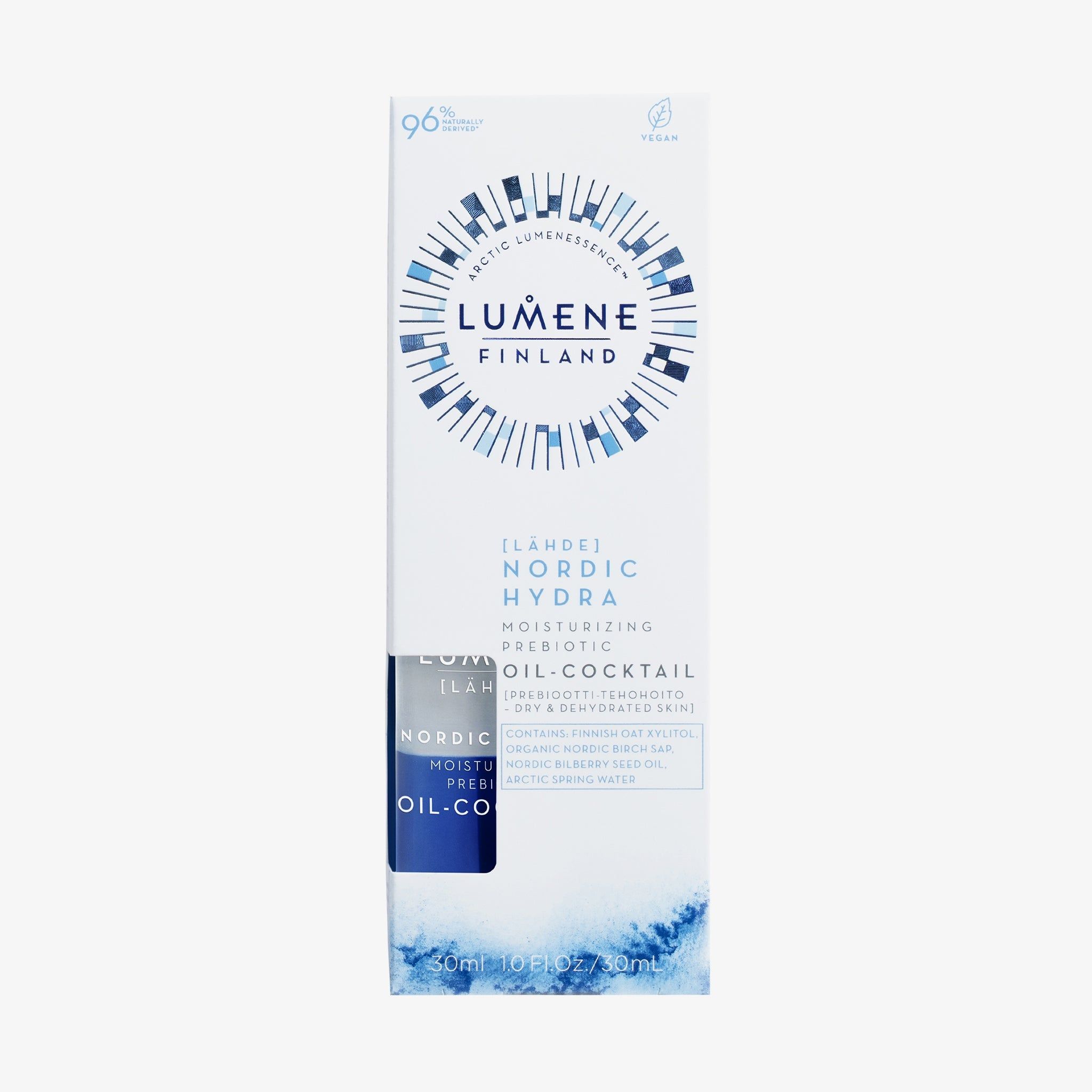 Weiße Verpackung mit Produktabbildung. Text: Lumene, Nordic Hydra, Moisturizing Prebiotic Oil-Cocktail. Logos und Text in mehreren Sprachen.