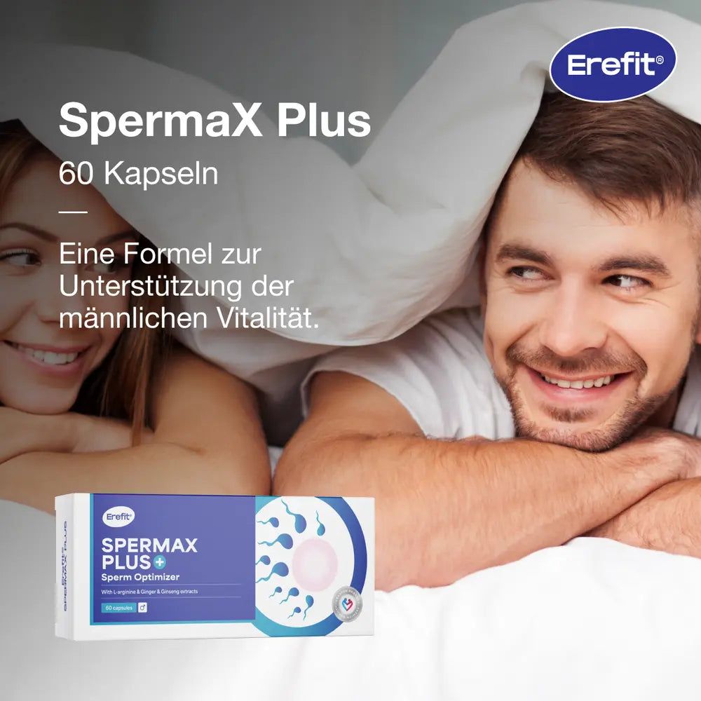 Paar unter Decke. Text: SpermaX Plus, 60 Kapseln. Formel zur Unterstützung der männlichen Vitalität.
