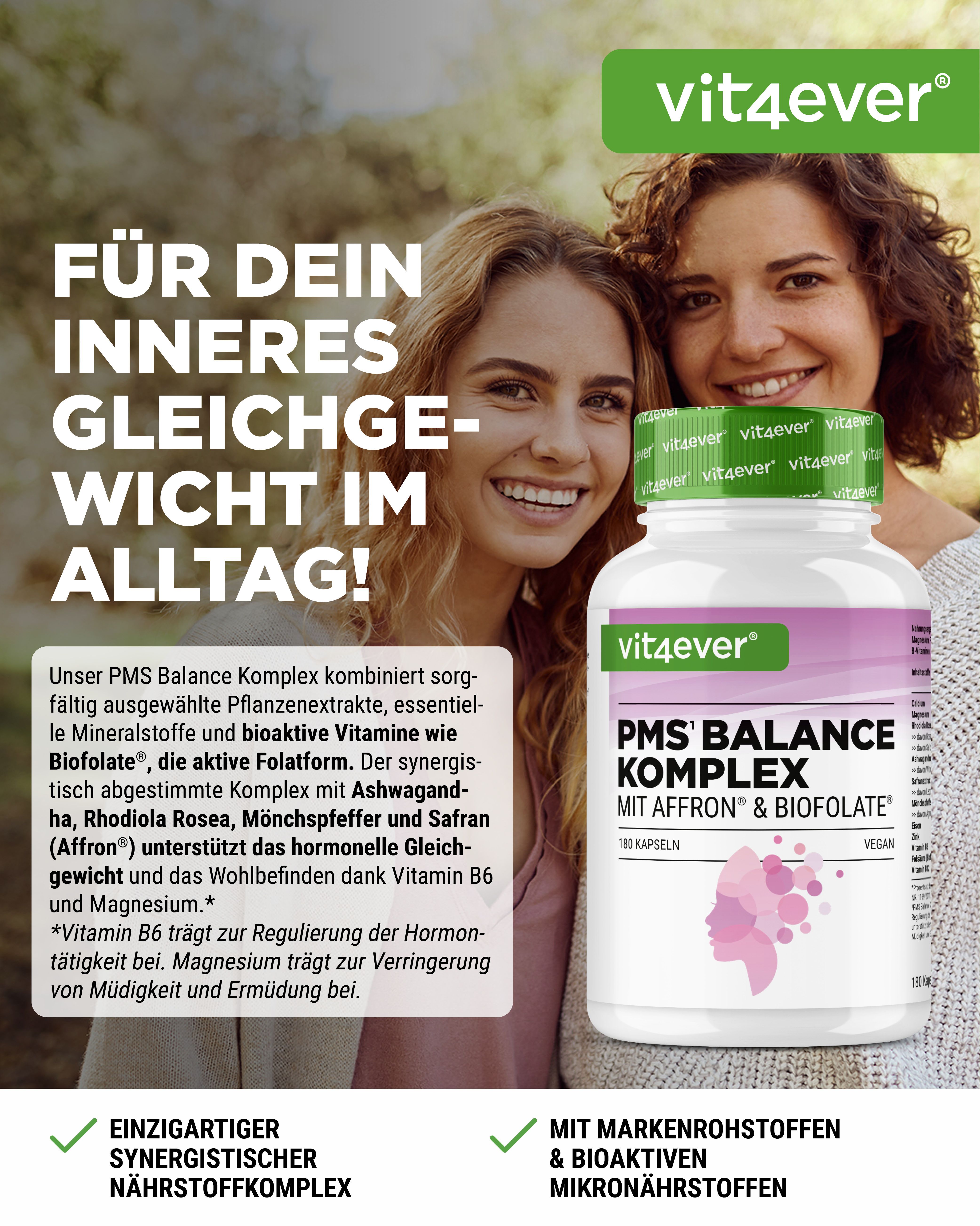 Weißes Pillenfläschchen mit grünem Deckel. Aufschrift: PMS' Balance Komplex. Zwei Frauen lächeln im Hintergrund.