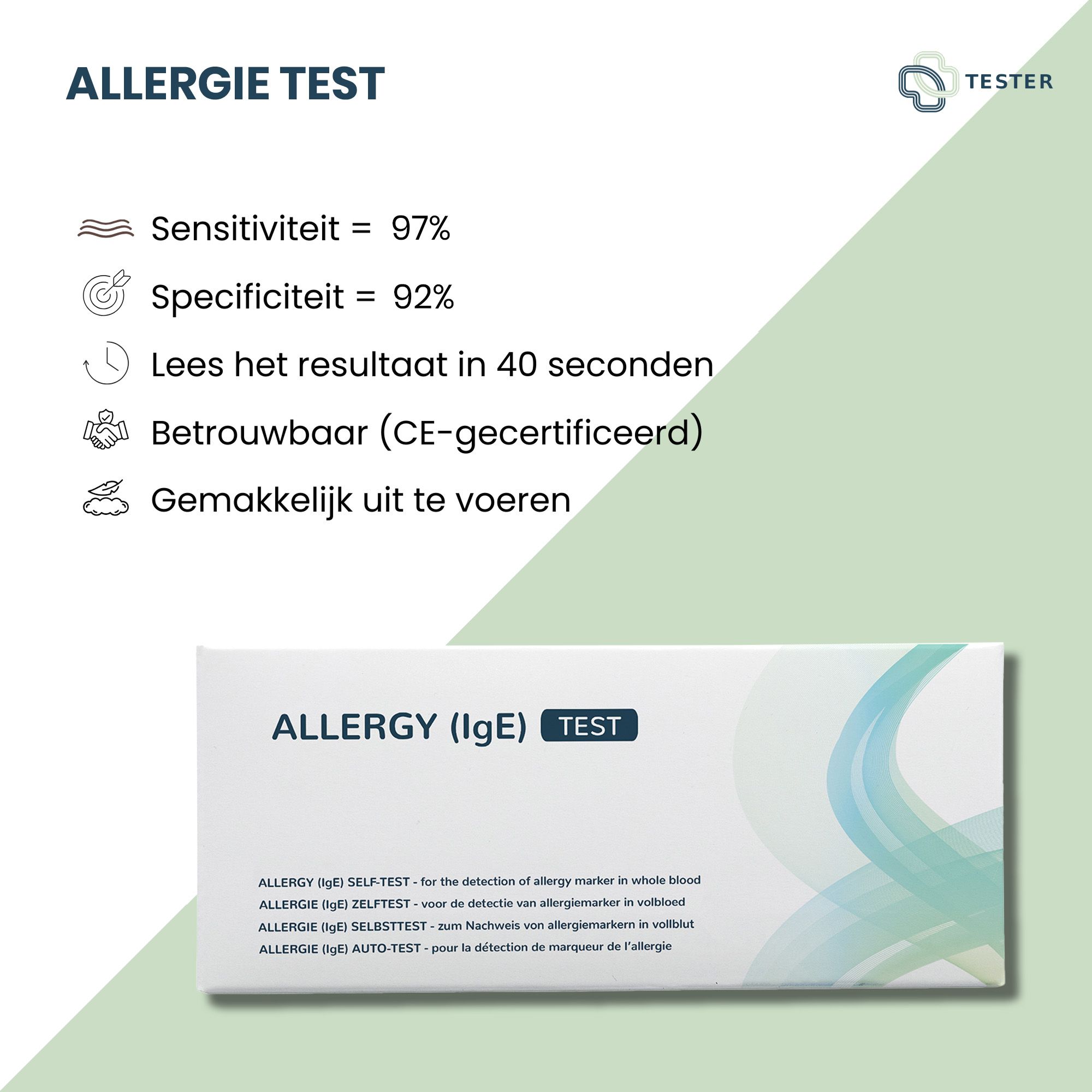 Produktverpackung mit Text: Allergietest, Sensitivität 97%, Spezifität 92%, Ergebnis in 40 Sekunden, CE-zertifiziert.