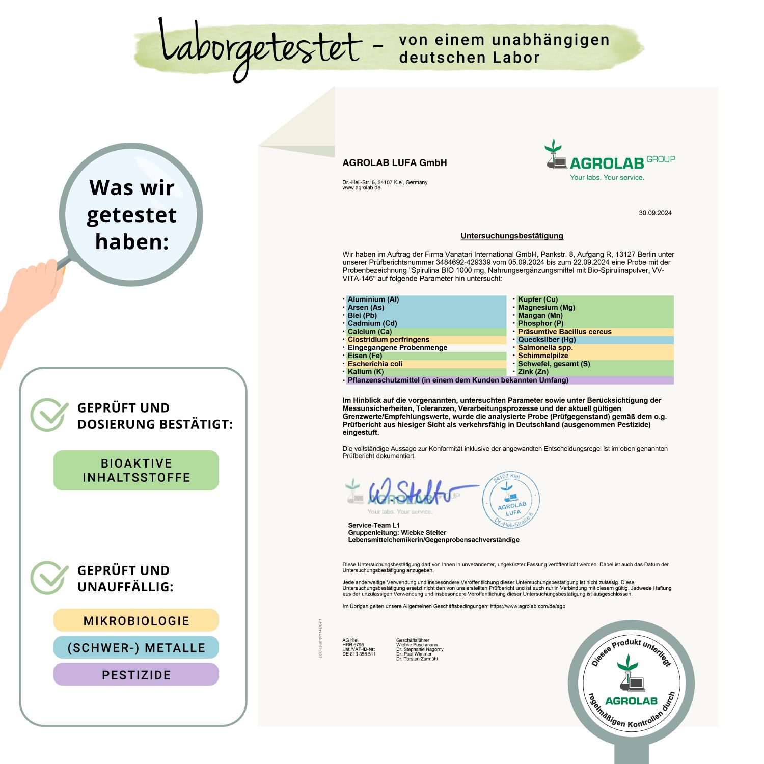 Zertifikat von Agrolab LUFA GmbH. Bestätigung der Analyse von Spirulina BIO. Geprüft auf Inhaltsstoffe, Pestizide.