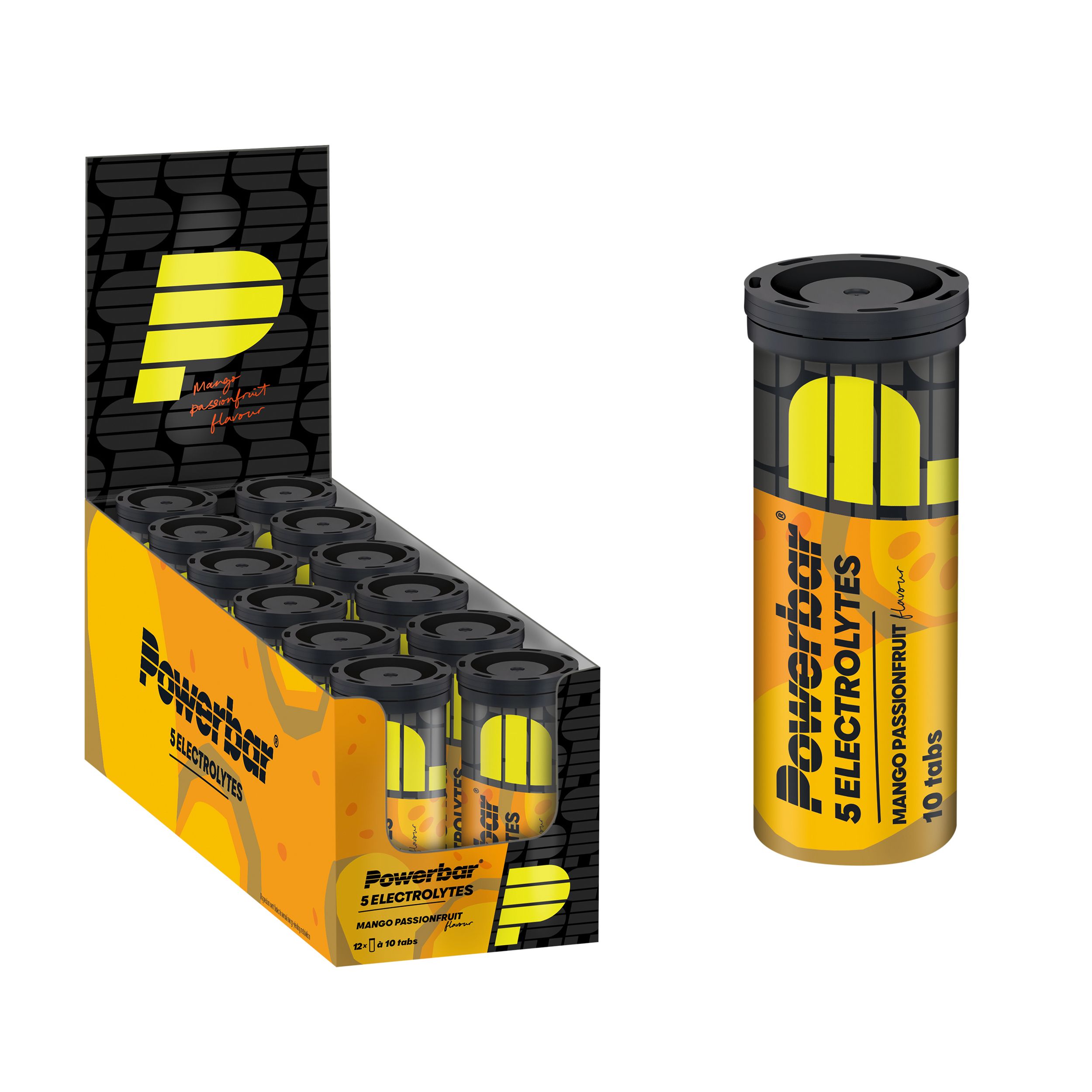 Powerbar 5 Electrolytes-Display mit mehreren Dosen. Eine Dose steht daneben. Aufschrift: Powerbar 5 Electrolytes Mango Passionfruit, 10 Tabs.