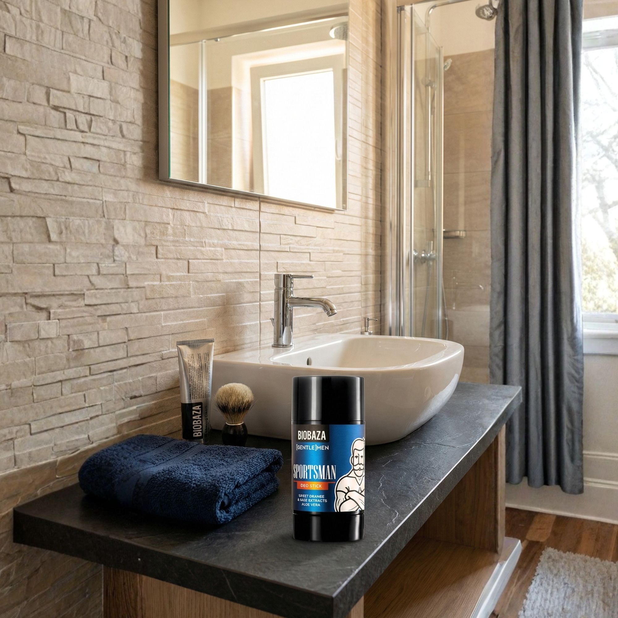 Deo-Stick Sportsmen auf einer Ablage im Badezimmer. Schwarze Verpackung mit blauer Beschriftung. Weitere Badutensilien im Hintergrund.