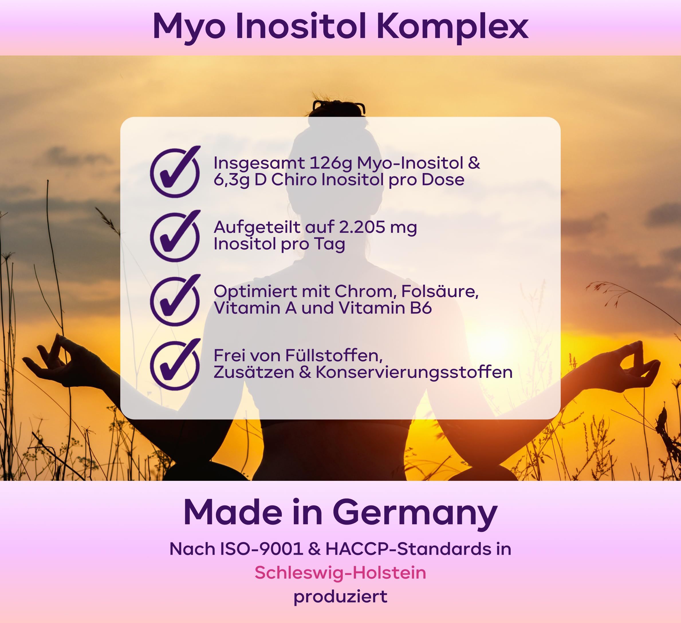 Infografik mit Informationen zu Myo Inositol Komplex. Enthält Informationen zu Inhaltsstoffen und Herstellung nach ISO-9001 & HACCP-Standards.