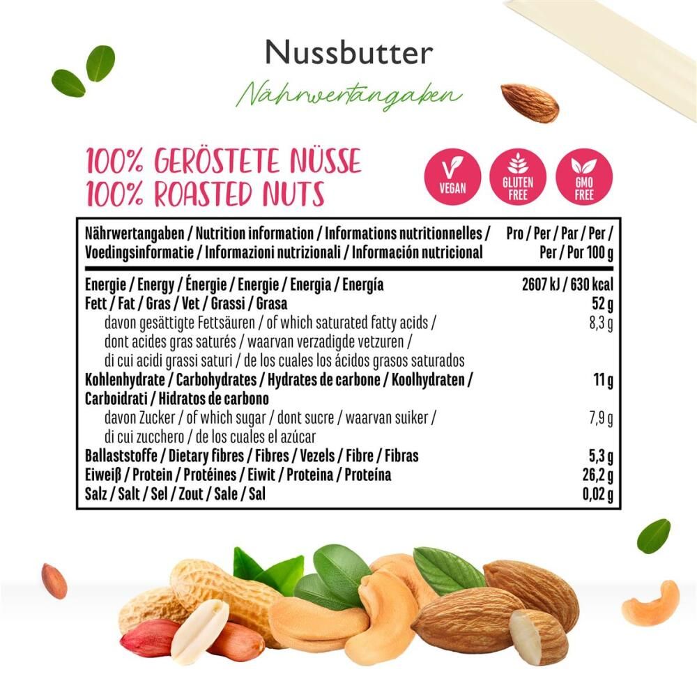 Nährwerttabelle für 100% geröstete Nüsse. Angaben pro 100g: Energie, Fett, Kohlenhydrate, Zucker, Ballaststoffe, Eiweiß, Salz. Vegan, glutenfrei, GMO-frei.