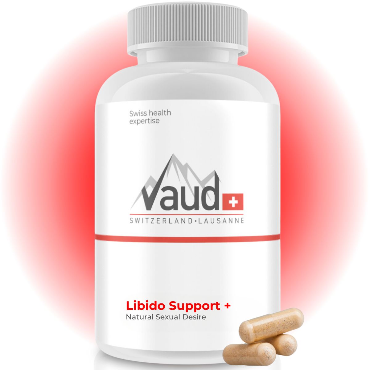 Weißes Fläschchen mit Kapseln. Vaud Logo, Libido Support+. Schweizer Expertise.