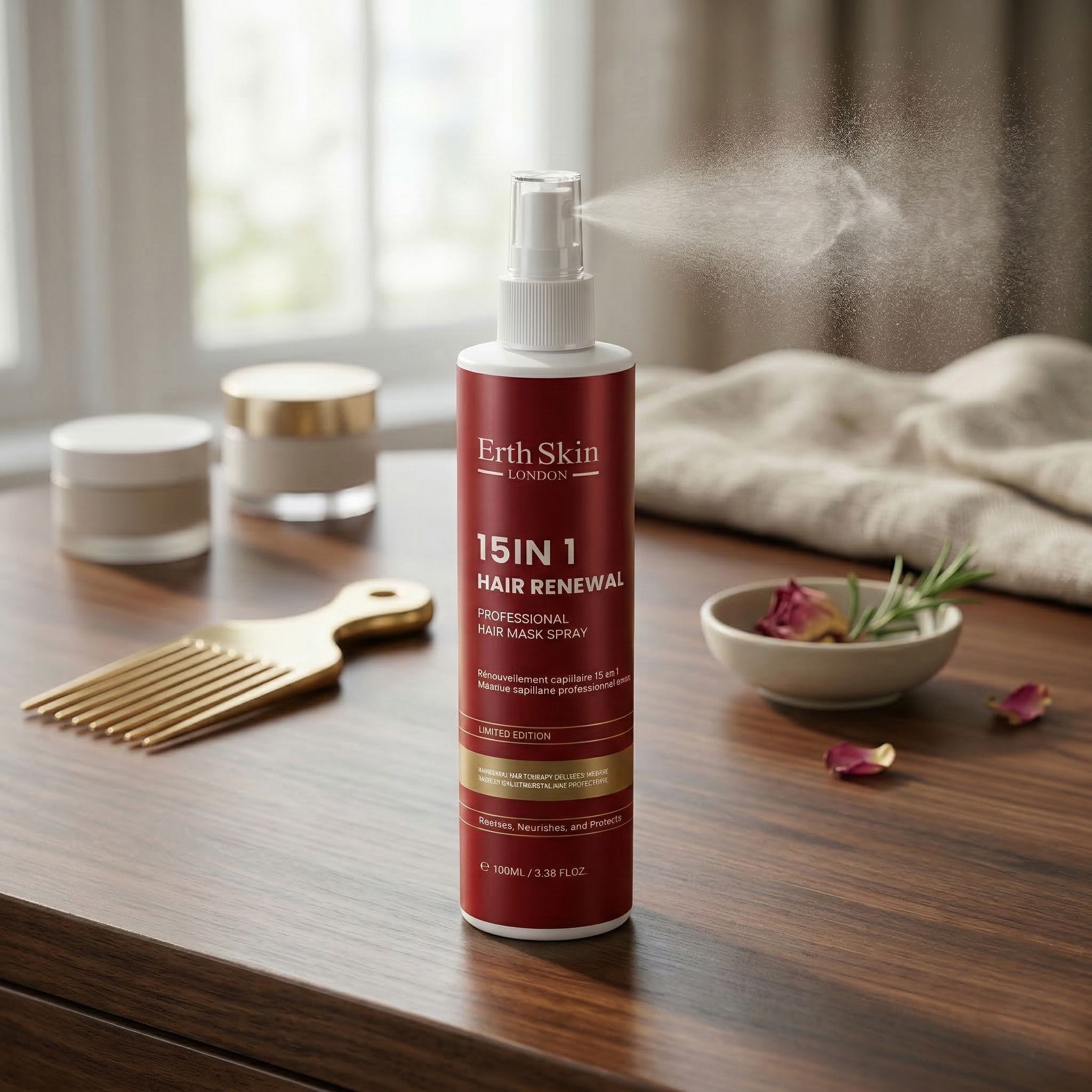 ErthSkin London Spray Masque Réparateur Cheveux 15-in-1 auf einem Holztisch mit Haarpflegezubehör.