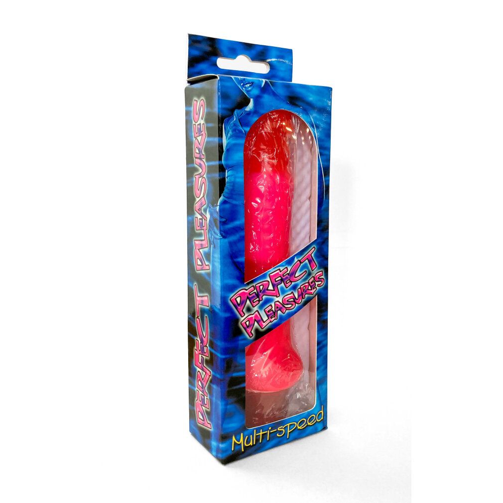 Roter Vibrator in Verpackung. Aufschrift "Perfect Pleasures". Verpackung mit blauem Hintergrund. "Multi-speed" steht unten.