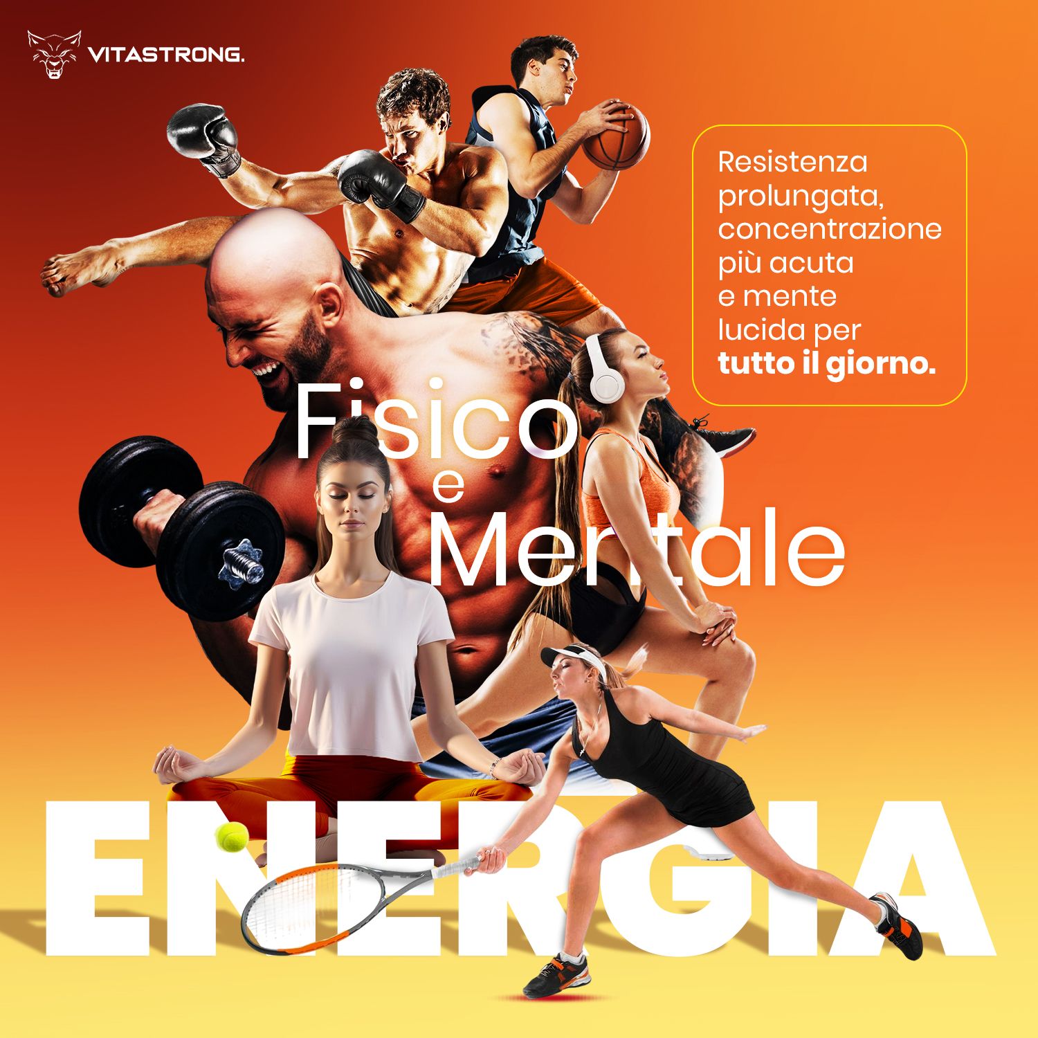 Vitastrong Energy Orange. Abbildung mit Sportlern. Text: Körperliche und geistige Energie.