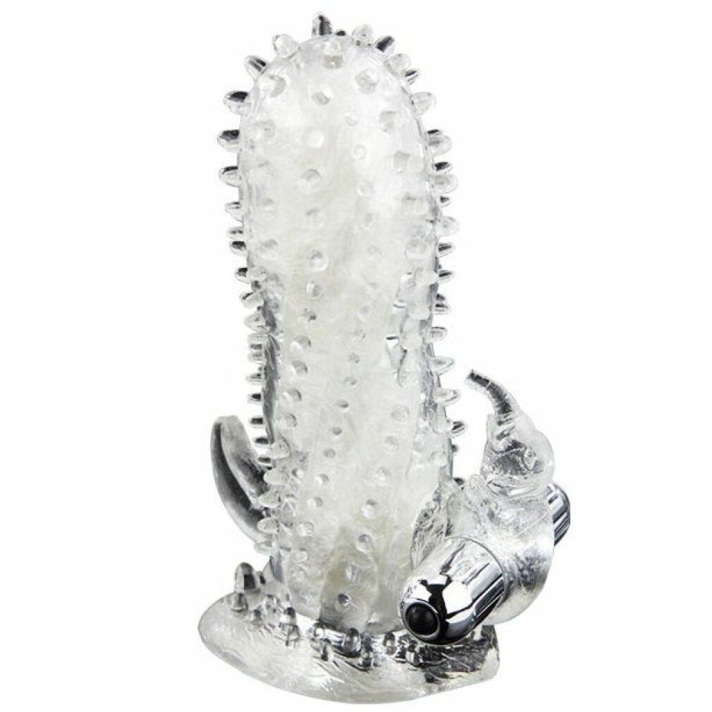 Penishülle mit Noppen und integriertem Vibrator. Transparentes Material, silberfarbene Akzente.
