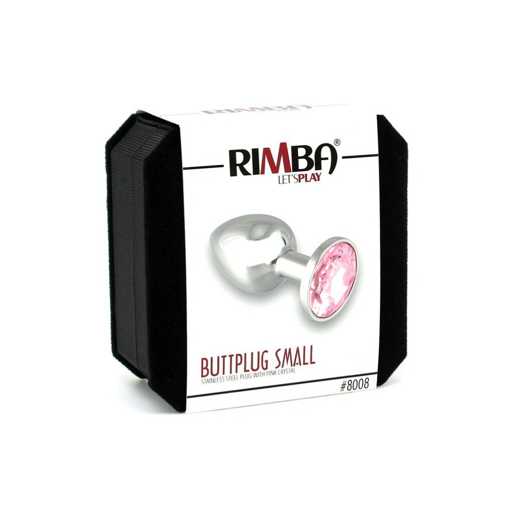 Verpackung mit Buttplug. Aufschrift: RIMBA, BUTTPLUG SMALL, #8008. Der Plug ist silberfarben mit pinkfarbenem Kristall.