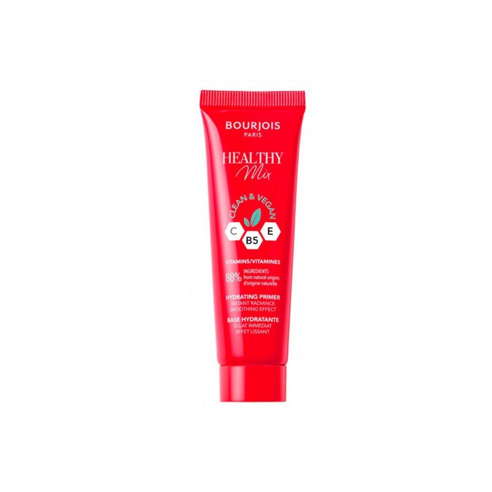 Rote Tube mit Bourjois Healthy Mix Primer. Text: Clean & Vegan, C, B5, E, Hydrating Primer. 88% Inhaltsstoffe natürlichen Ursprungs.
