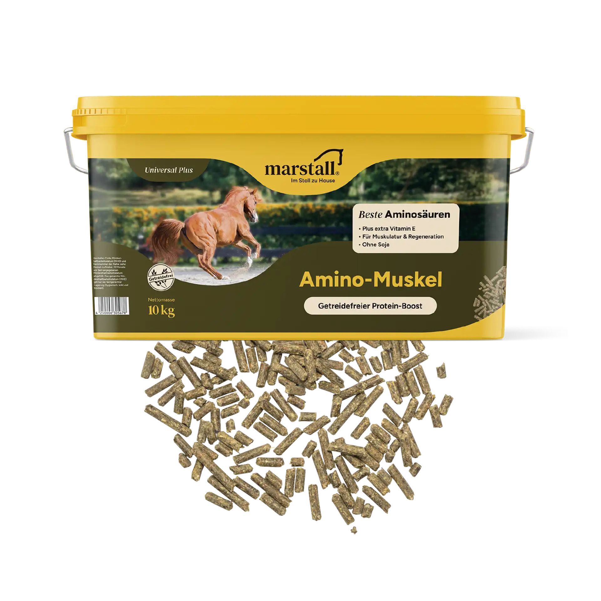 Gelber Marstall Eimer mit 10kg Amino-Muskel Futter, Pellets sind abgebildet.