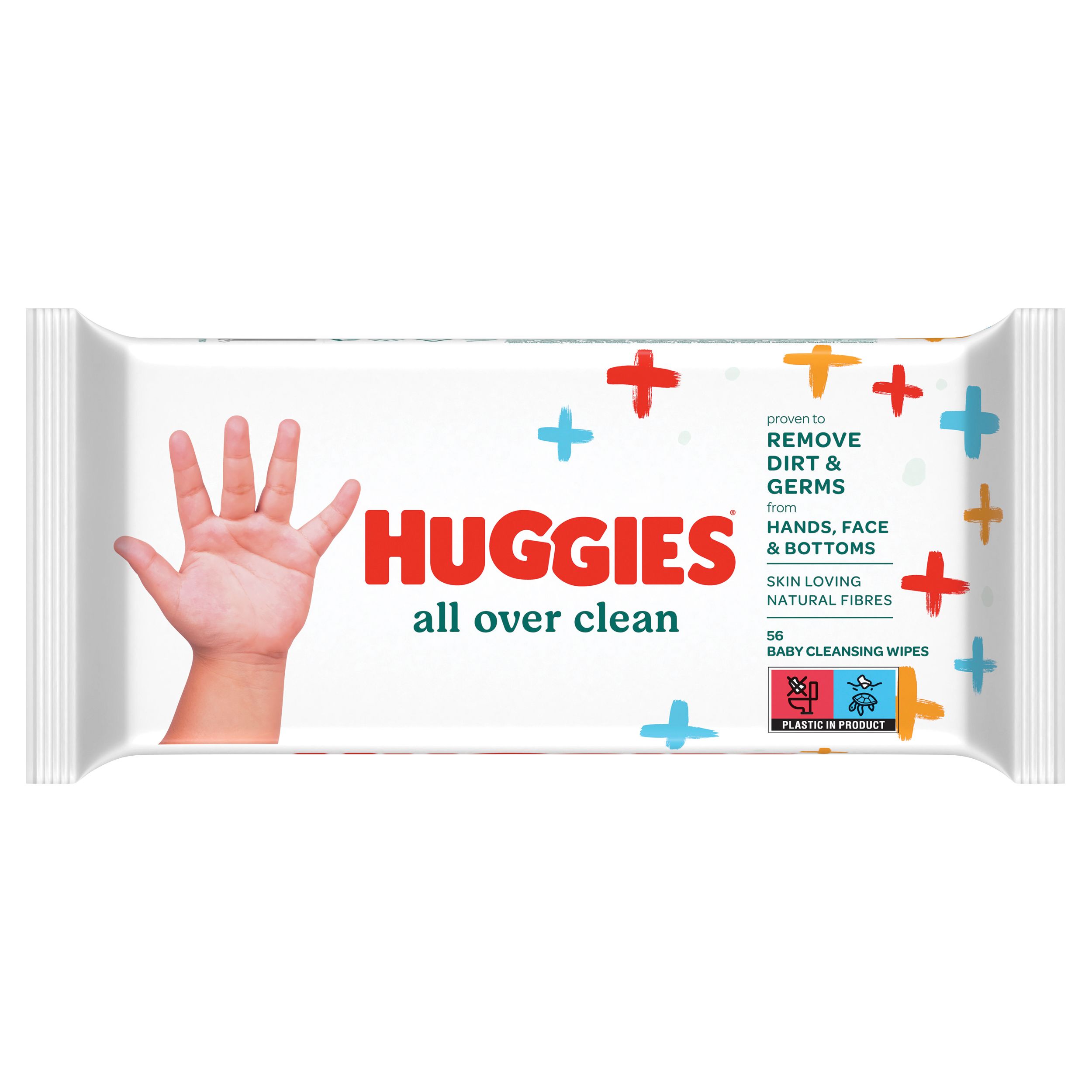 Huggies Feuchttücher-Packung. Weiße Verpackung mit rotem Logo und bunten Kreuzen. Abbildung einer Hand. 56 Tücher.