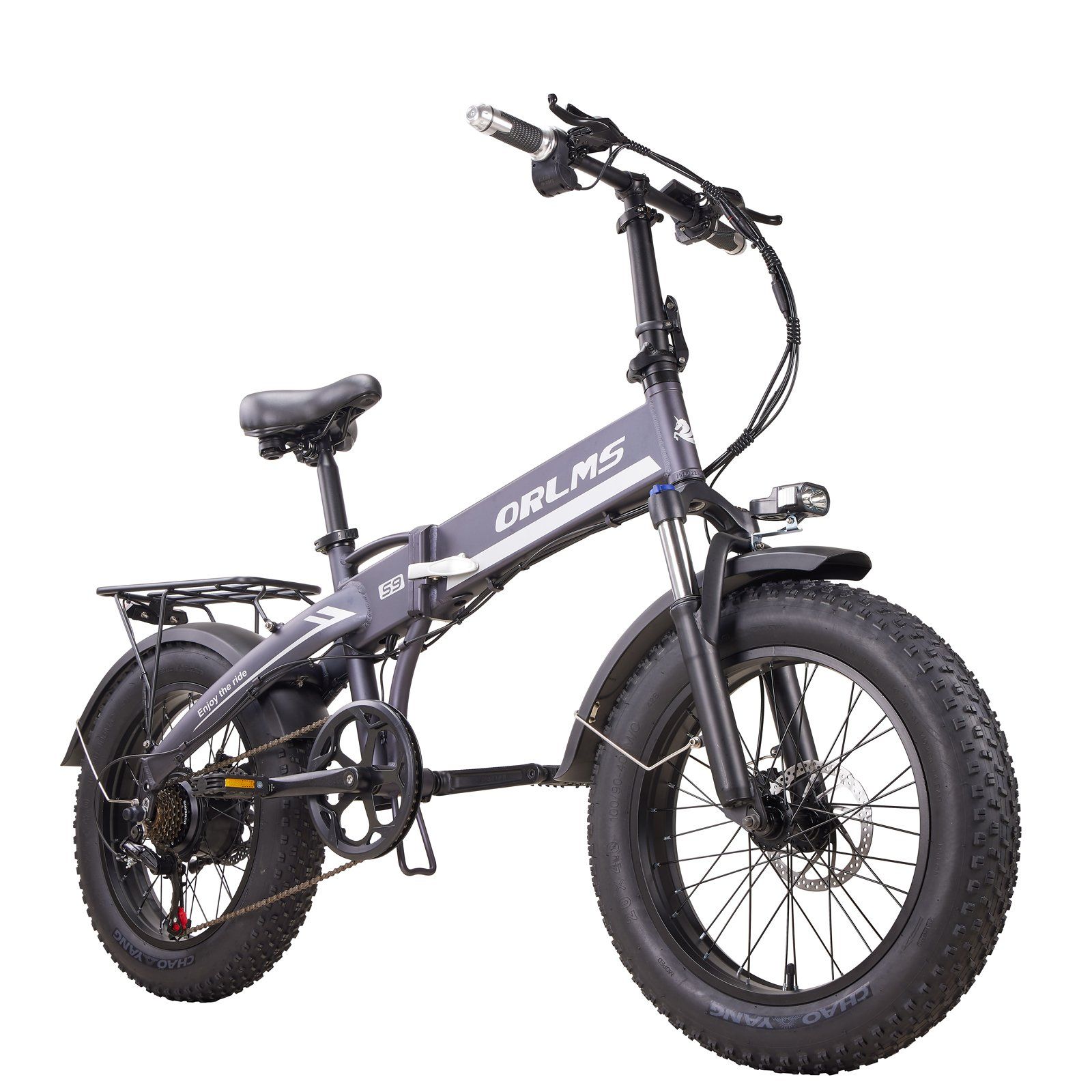Graues, zusammenklappbares E-Bike mit breiten Reifen. ORLMS-Logo auf dem Rahmen. Frontscheinwerfer und Gepäckträger.