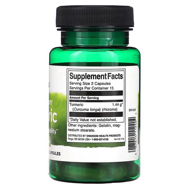 Rückseite der grünen Flasche mit Kapseln. Aufschrift: Supplement Facts, Turmeric, 1.44 g, 15 Portionen.