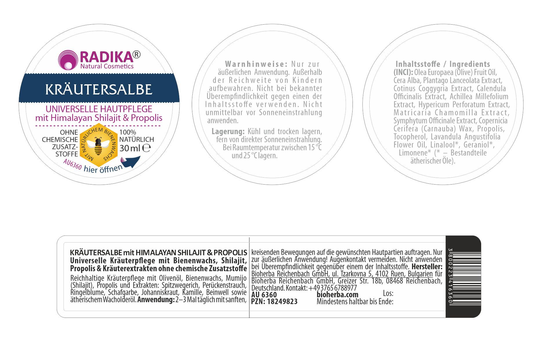 Drei Etiketten: Produktname, Inhaltsstoffe und Warnhinweise. Ein rechteckiges Etikett mit Produktinformationen und Barcode.