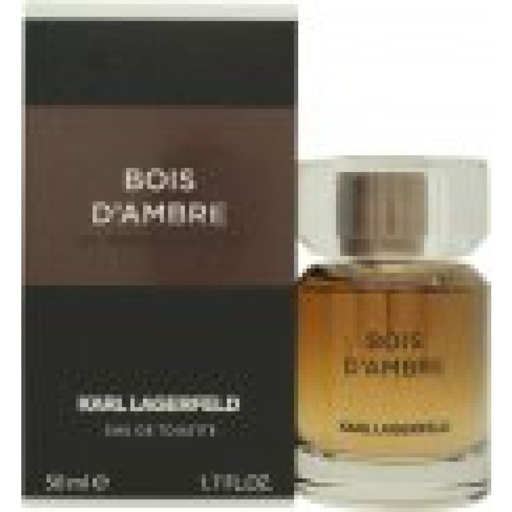 Karl Lagerfeld Bois d'Ambre Eau de Toilette Spray mit Verpackung. Schwarzer Karton mit Produktnamen und Logo. Flakon daneben.
