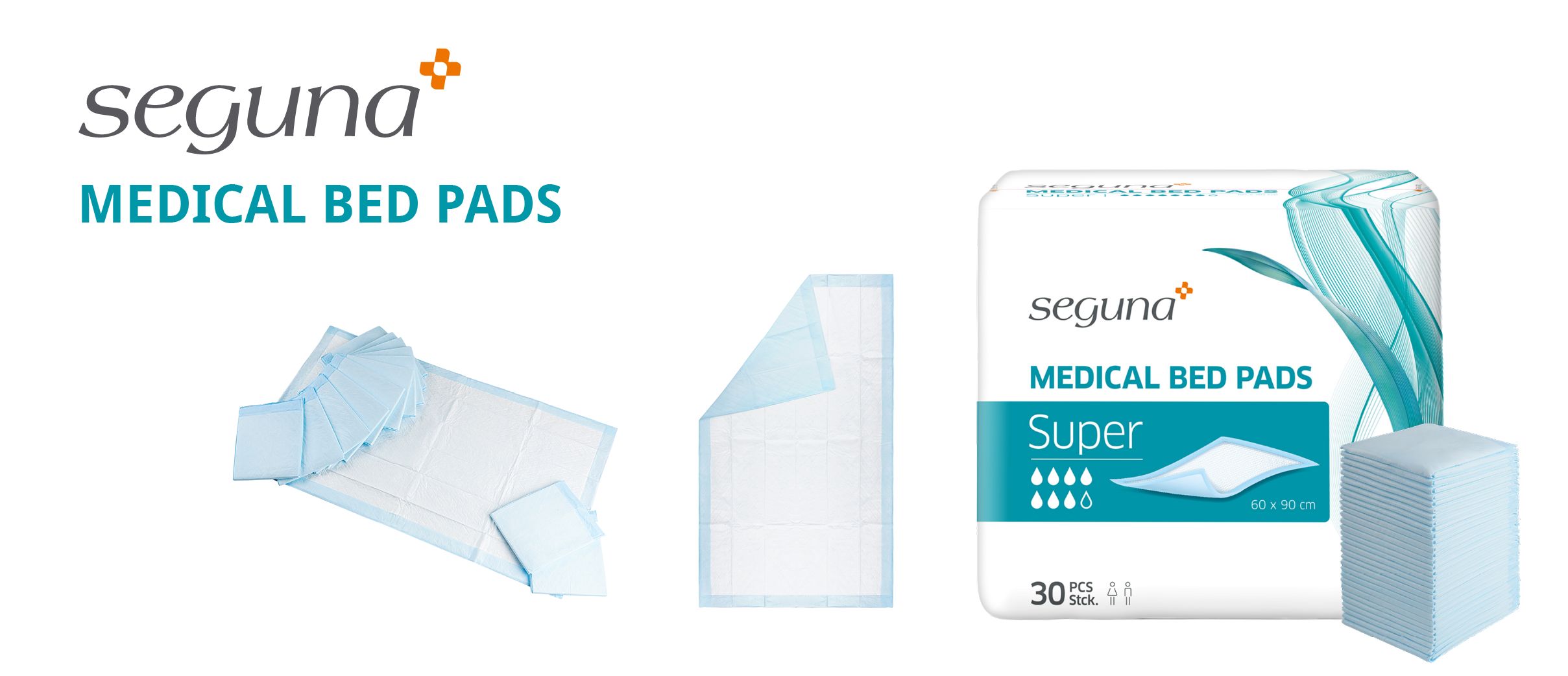 Mehrere SEGUNA Medical Bed Pads. Einzelne Pad, gefaltet und in Verpackung. Verpackung mit Produktname, Super, 30 Stück, 60x90 cm.
