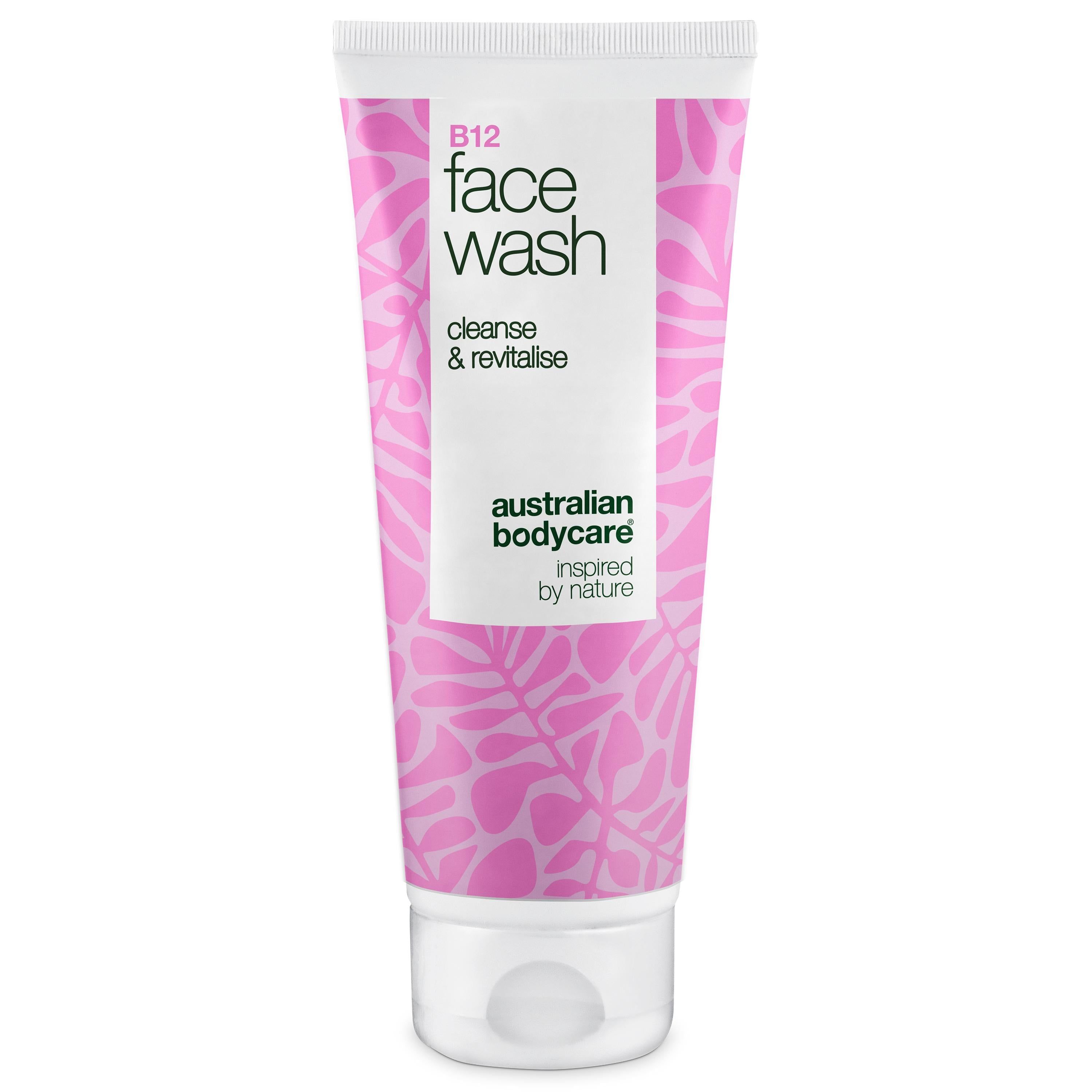 Weiß-rosa Tube mit B12 Face Wash. Text: cleanse & revitalise, Australian Bodycare.