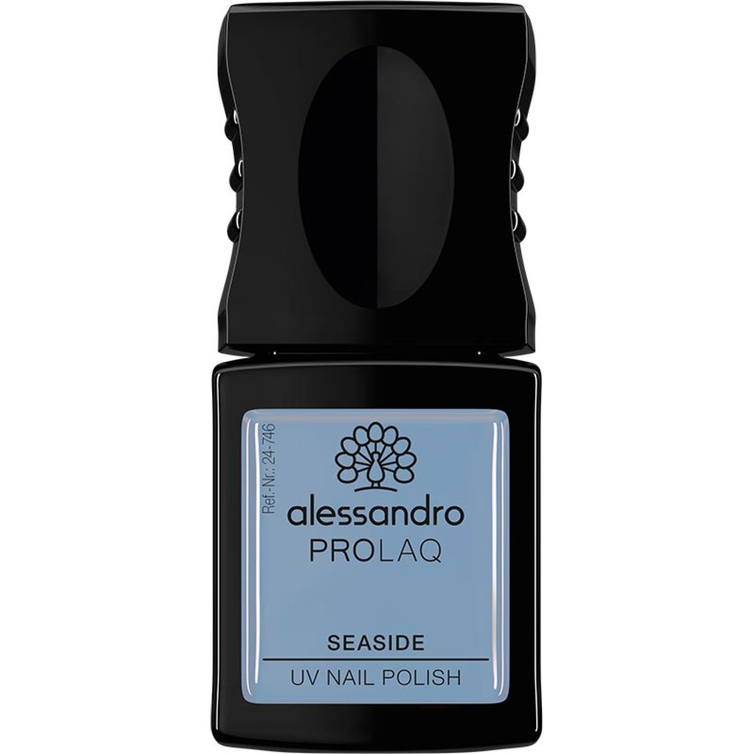 Flasche Alessandro PROLAQ UV Nagellack, Farbe Seaside. Schwarzer Deckel, blaue Flüssigkeit.