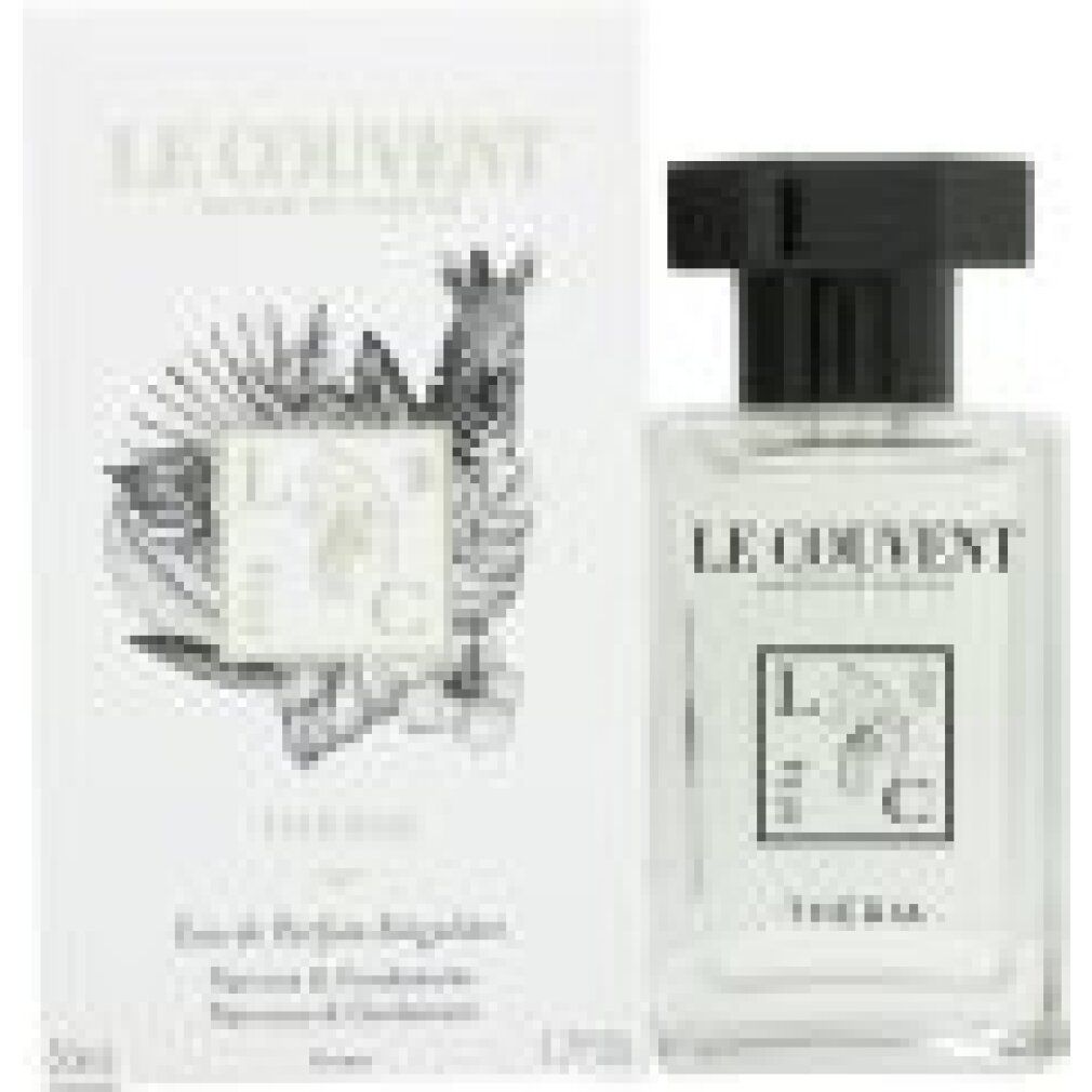 Parfümflakon und Verpackung. Aufschrift: LE COUVENT, THERIA. Rechteckige Form. Weiße Verpackung.