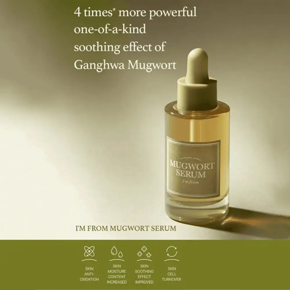 Serumflasche mit Aufschrift "Mugwort Serum". Text: "4 times' more powerful". Symbole für Hautpflege.