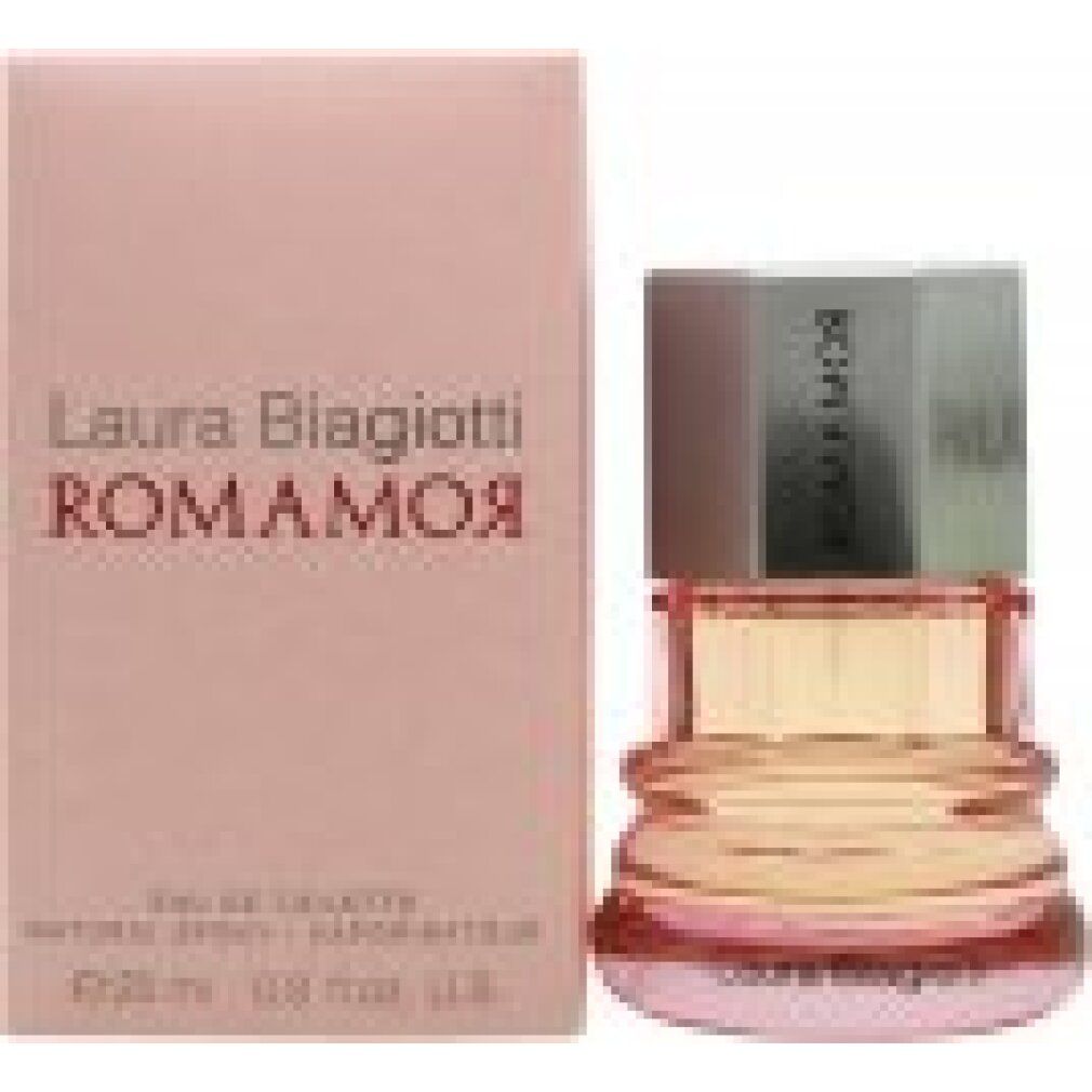 Parfümflakon und Verpackung. Aufschrift Laura Biagiotti ROMAMOR. Rosa Flakon.