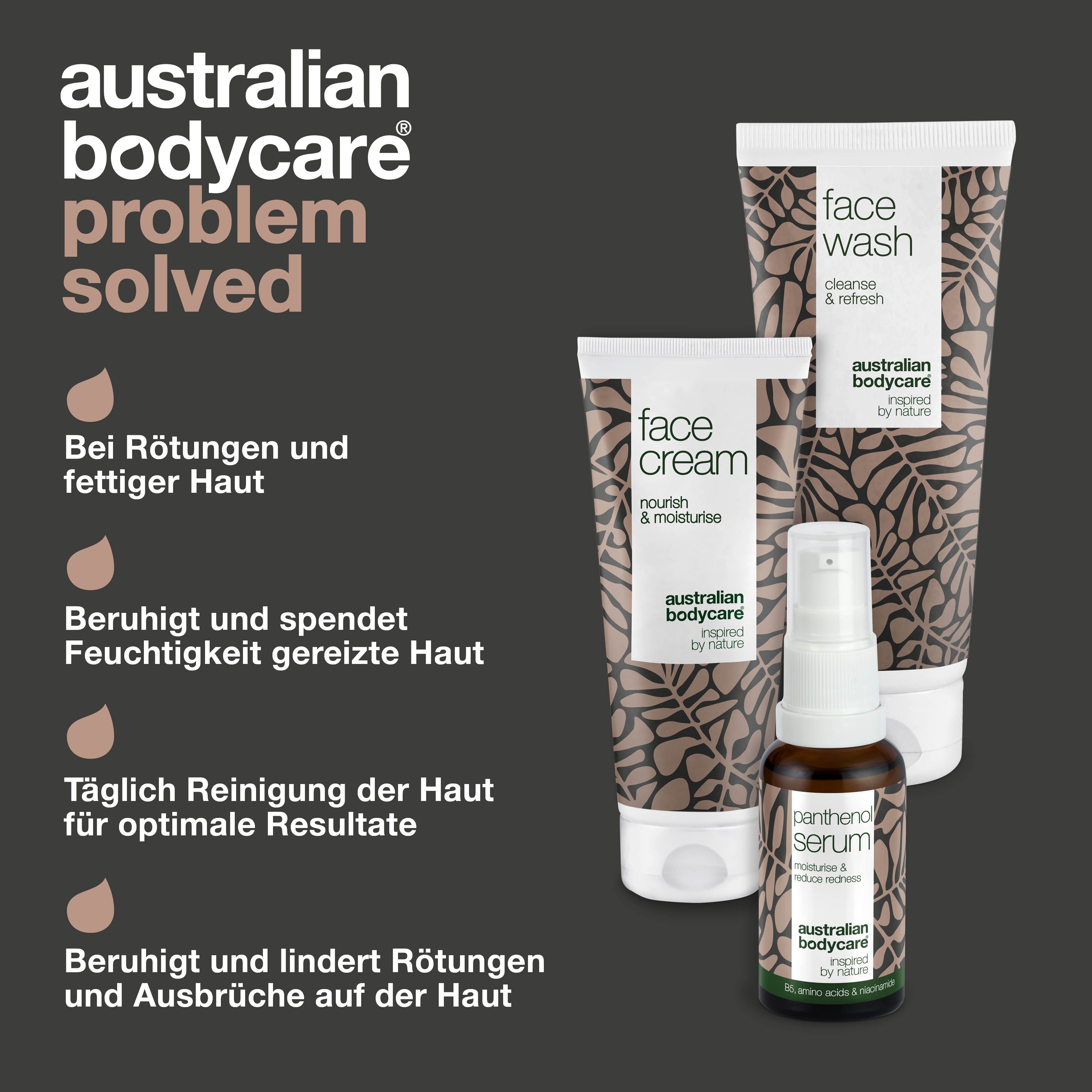 Drei Produkte: Face Wash, Face Cream und Serum. Text: Beruhigt, spendet Feuchtigkeit, reinigt. Marke: Australian Bodycare.