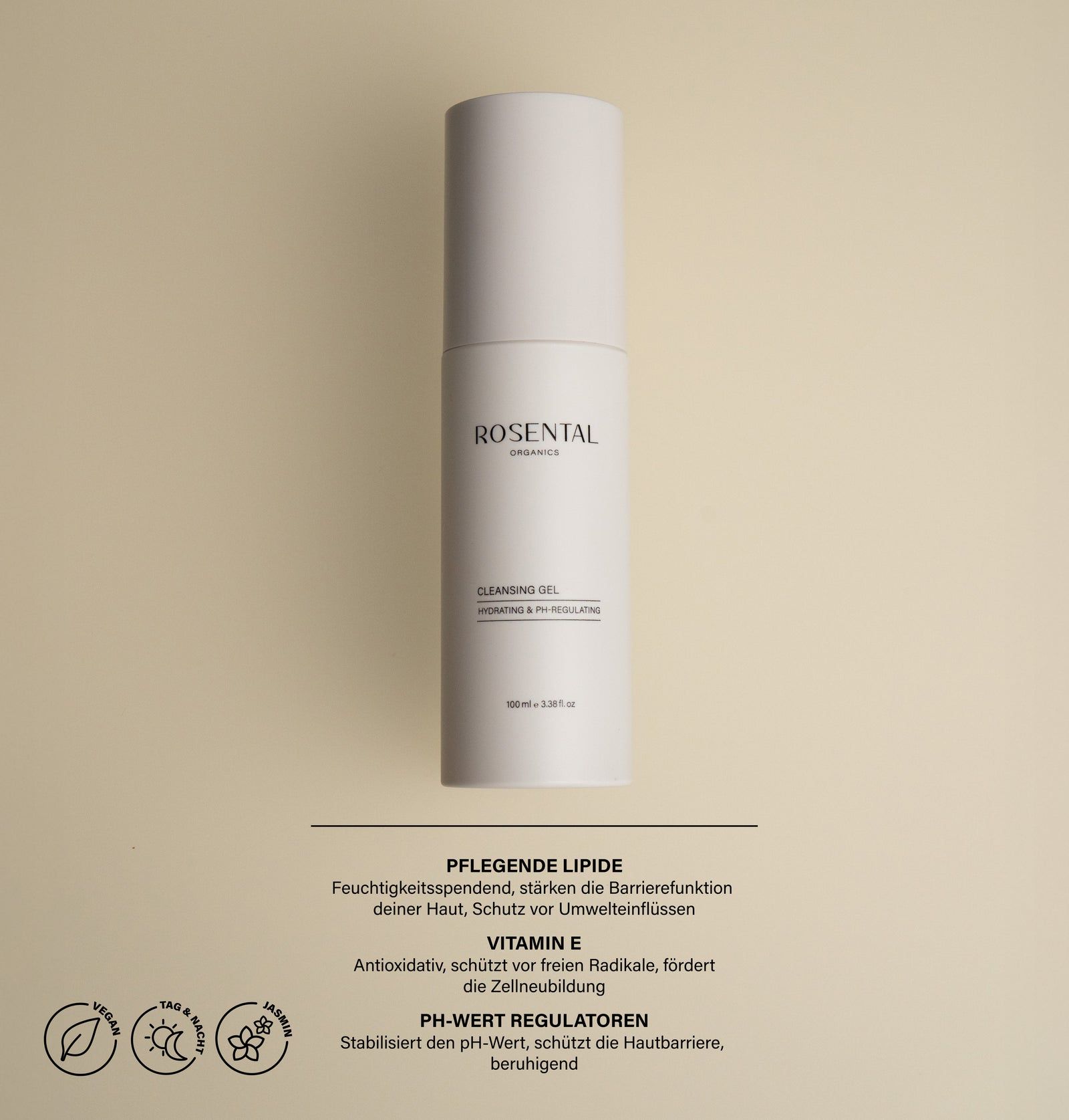 Weiße Flasche Cleansing Gel mit Text. Darunter Text über Inhaltsstoffe und Eigenschaften. Vegan-Siegel.