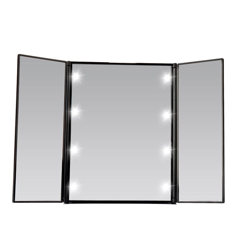 Dreifach faltbarer Kosmetikspiegel mit LED-Licht. Der Spiegel ist geöffnet und zeigt drei Spiegelflächen.