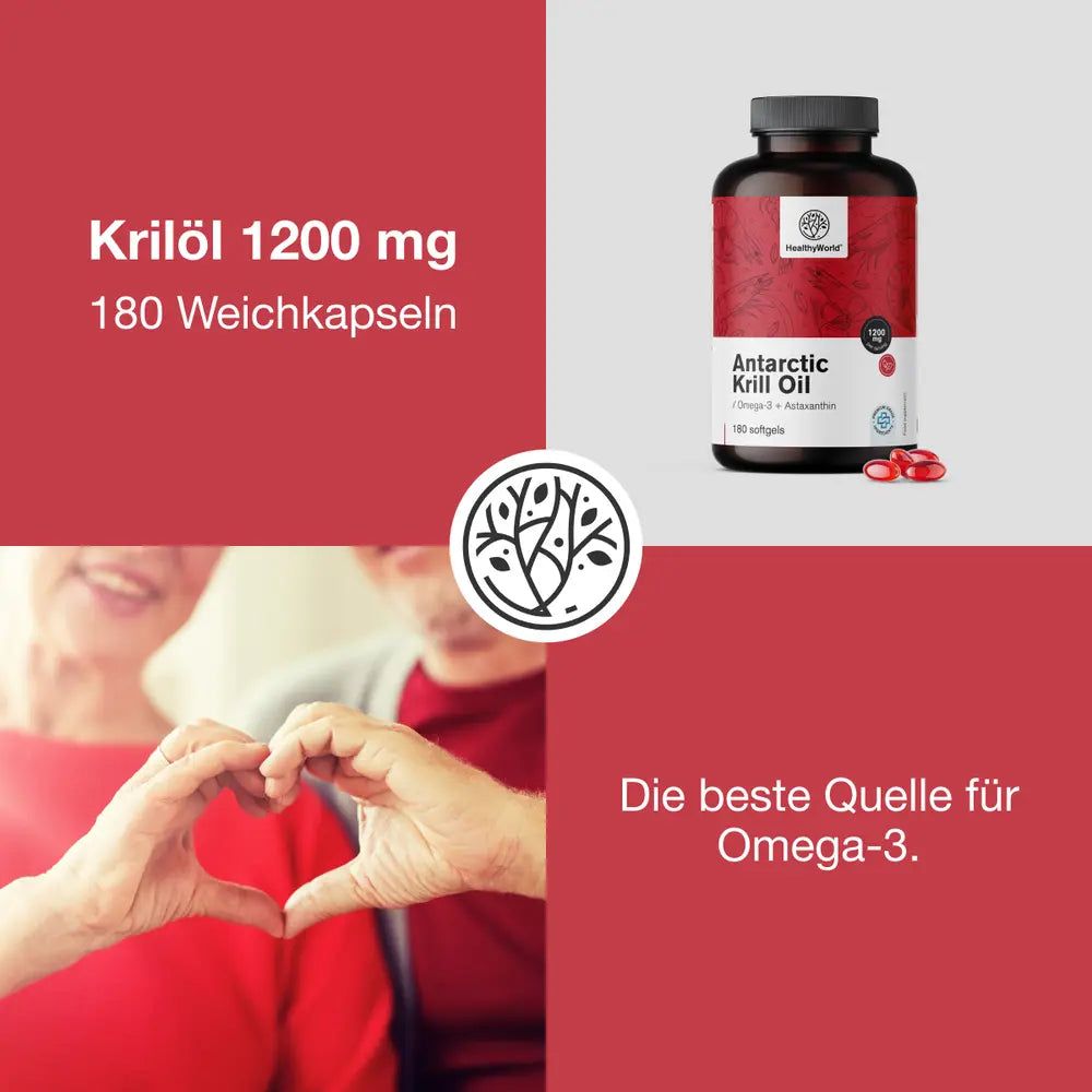 Roter Hintergrund mit Produktabbildung und Händen, die ein Herz formen. Text: Krilöl 1200 mg, 180 Weichkapseln.