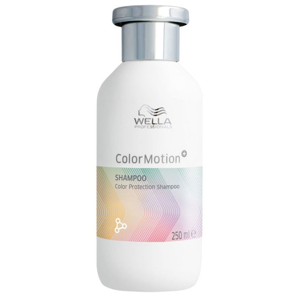 Weiße Shampoo-Flasche mit silbernem Deckel. Aufschrift: Wella Color Motion+ Shampoo, 250 ml.