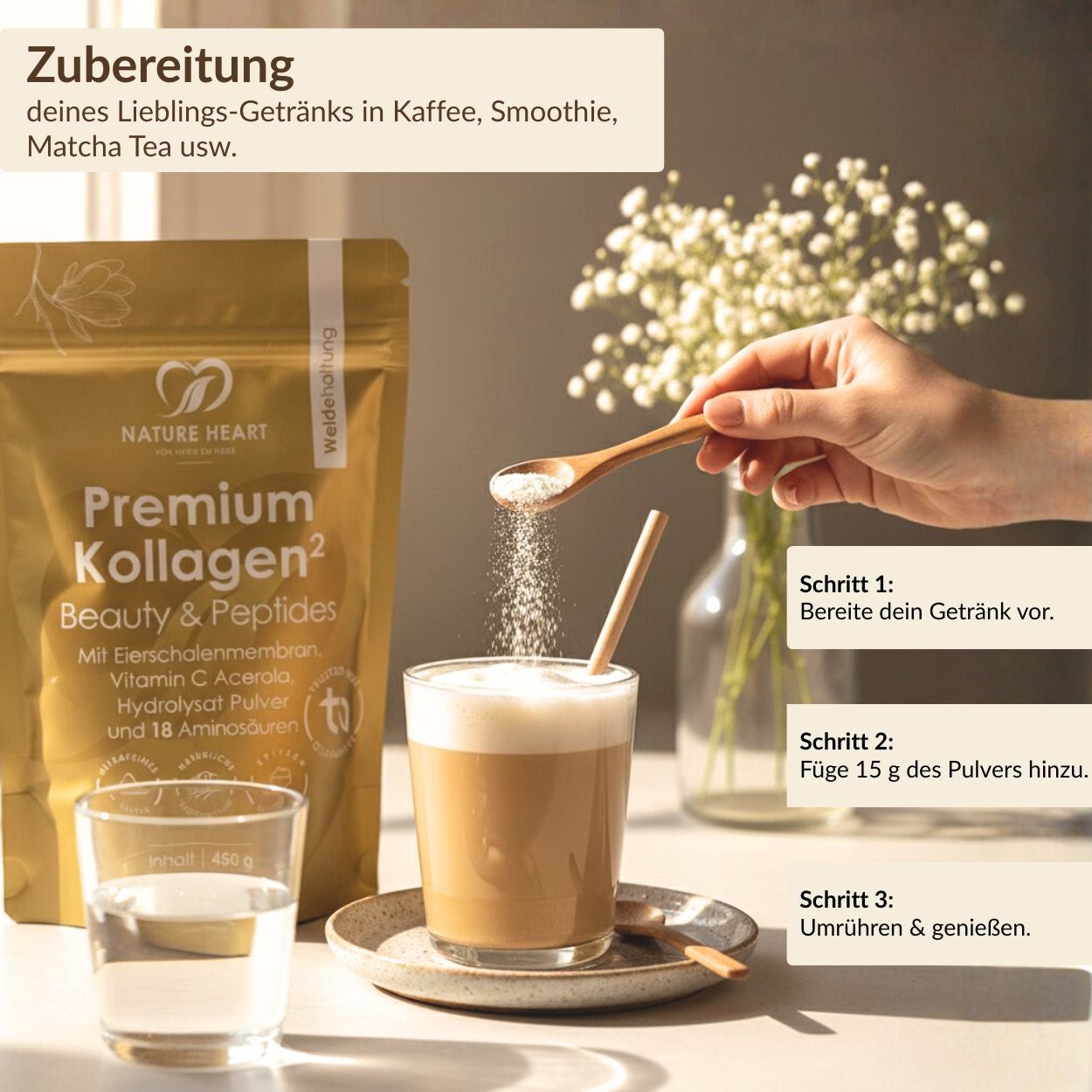 Zubereitung von "Nature Heart Premium Kollagen2" in Kaffee. Beutel, Glas Wasser, Löffel mit Pulver, Schritt-für-Schritt-Anleitung.
